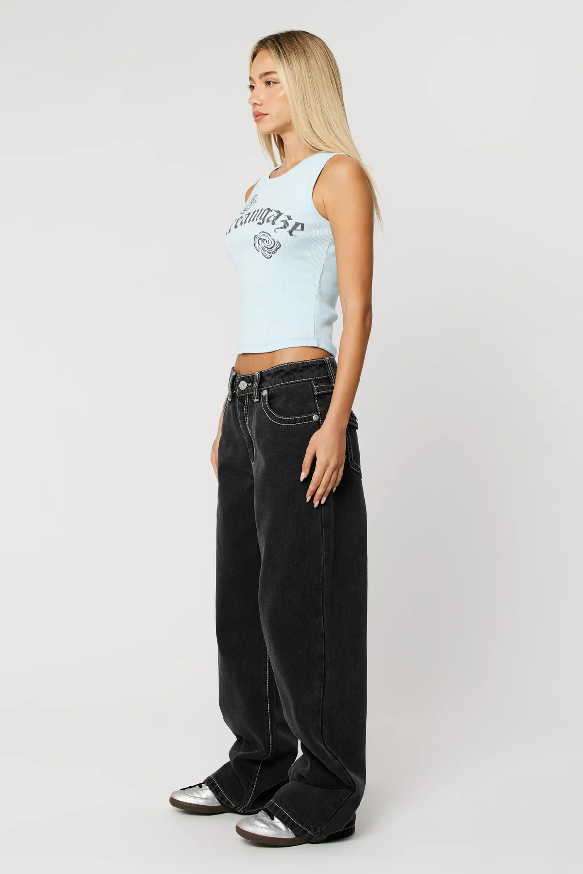 95 Frankie Black Contrast Stitch Mid Wide Leg Jean - Image 3