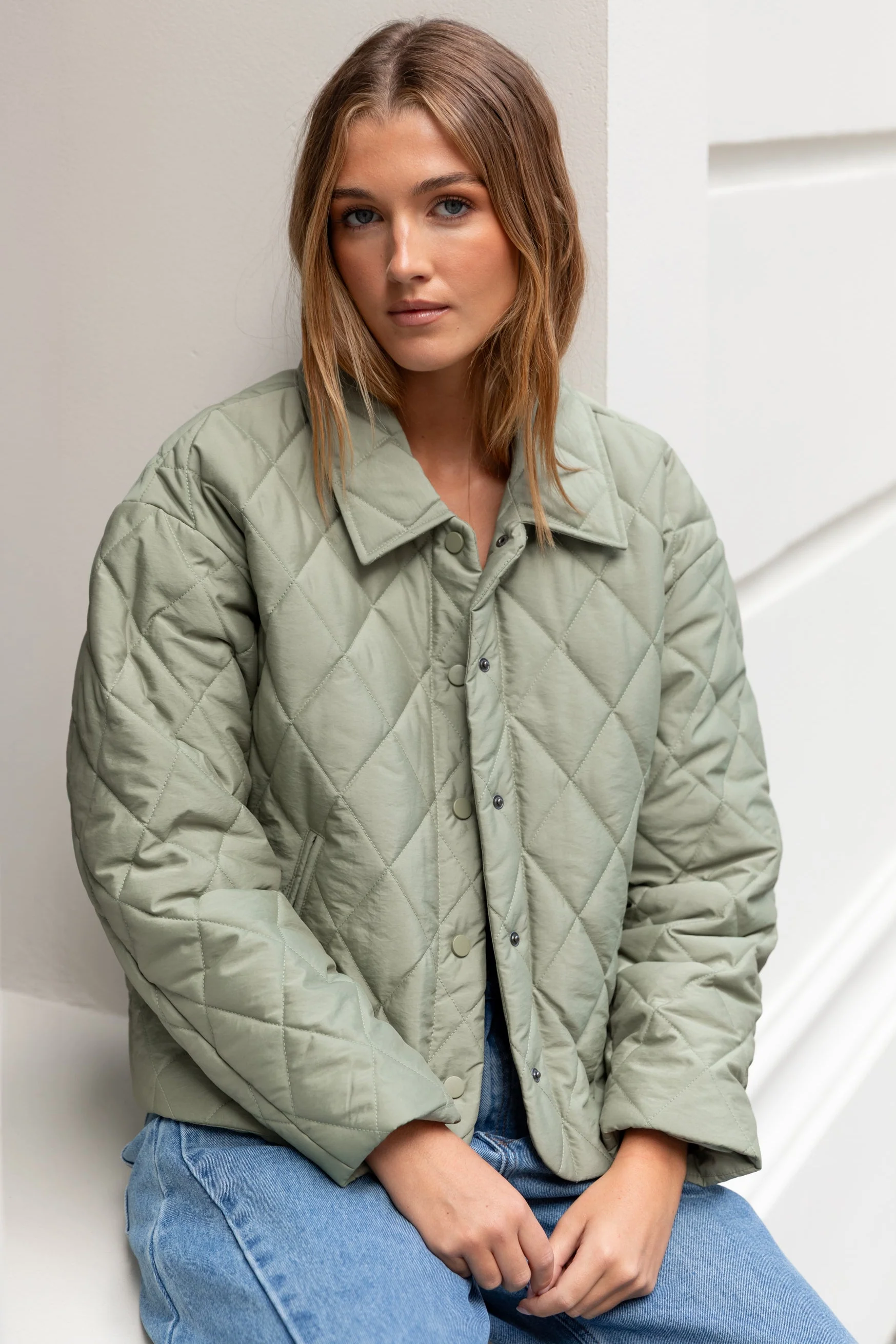 Absolute Soft Khaki Collared Quilted Puffer Jacket