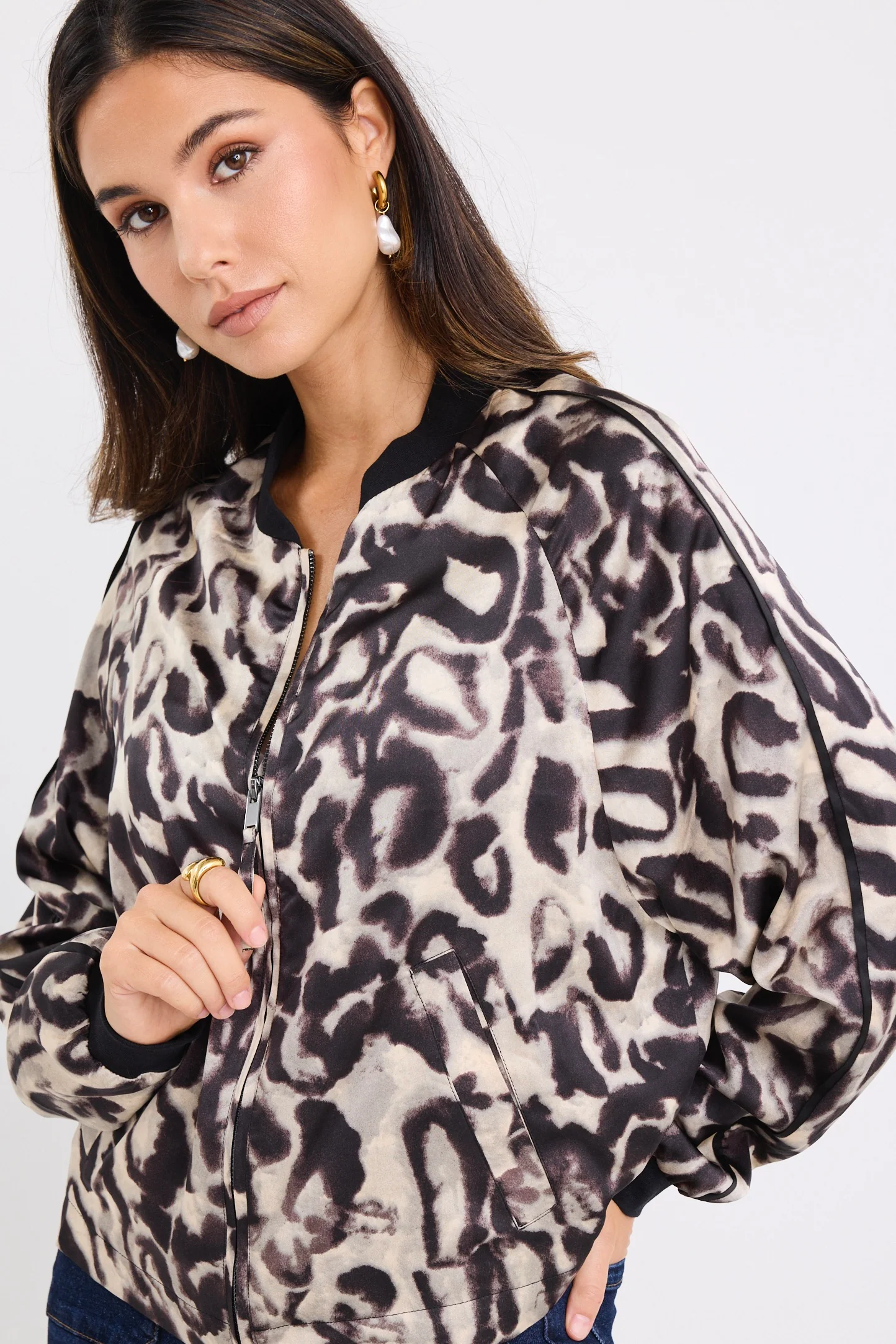 Activation Animal Print Satin Bomber Jacket