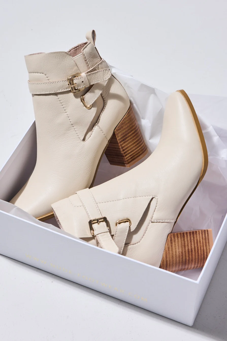 Adelaide Cream Buckle Ankle Mid Heel Boot - Image 2