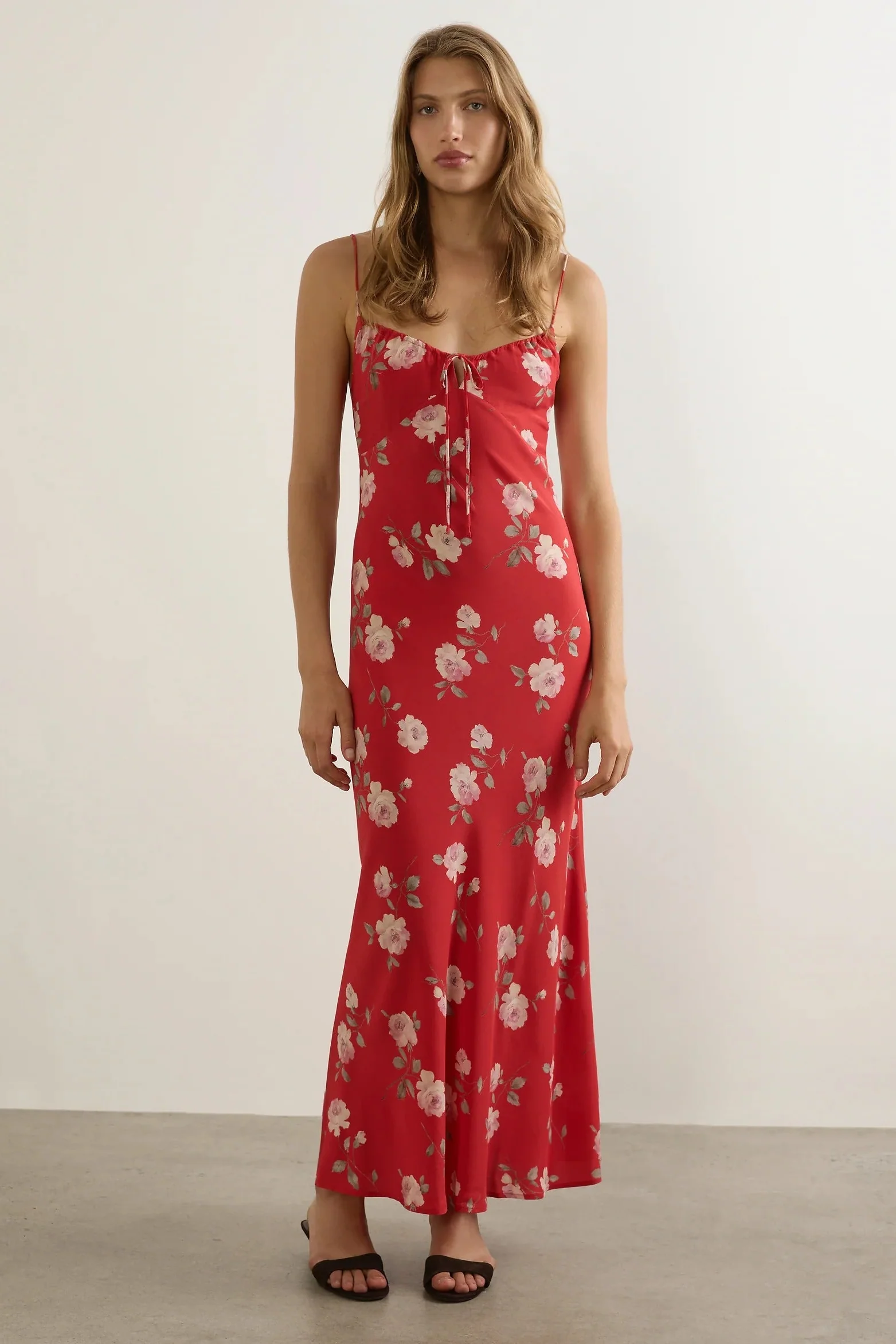 Anne Red Floral Tie Front Strappy Maxi Dress - Image 2
