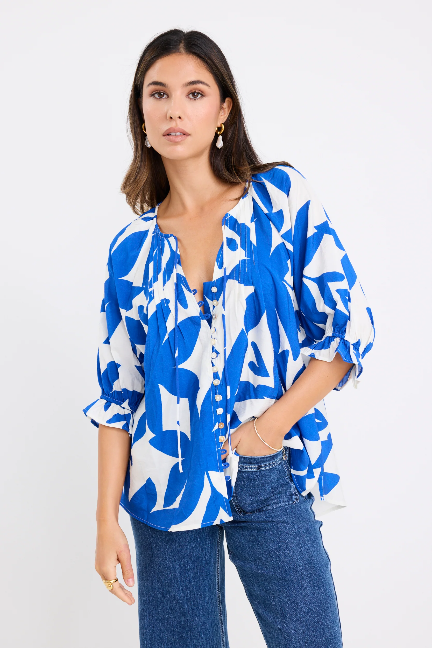 Antic Bright Blue Abstract Button Front SS Top - Image 2