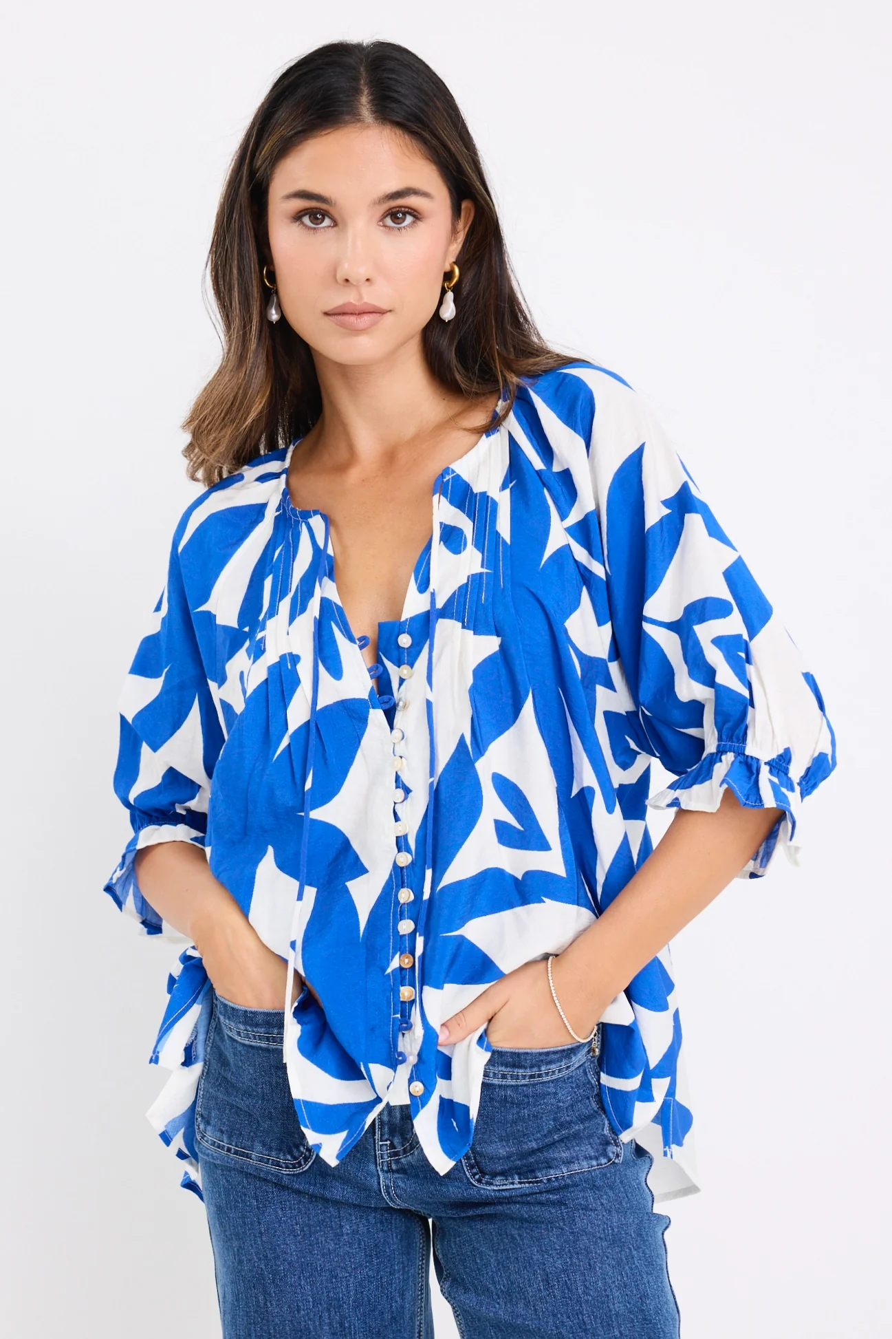 Antic Bright Blue Abstract Button Front SS Top - Image 3