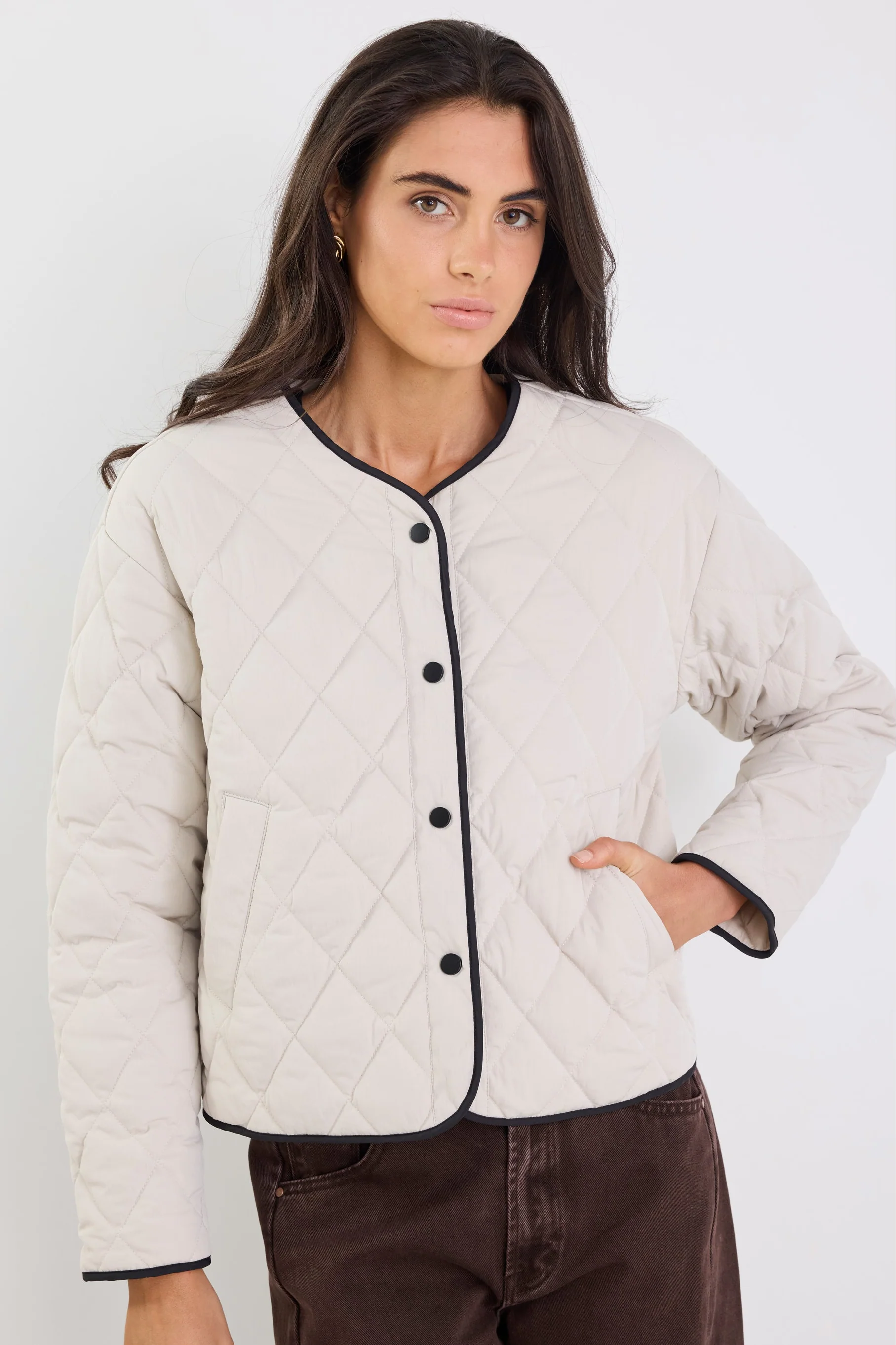Apex Bone Collarless Quilted Contrast Piping Puffer Jacket