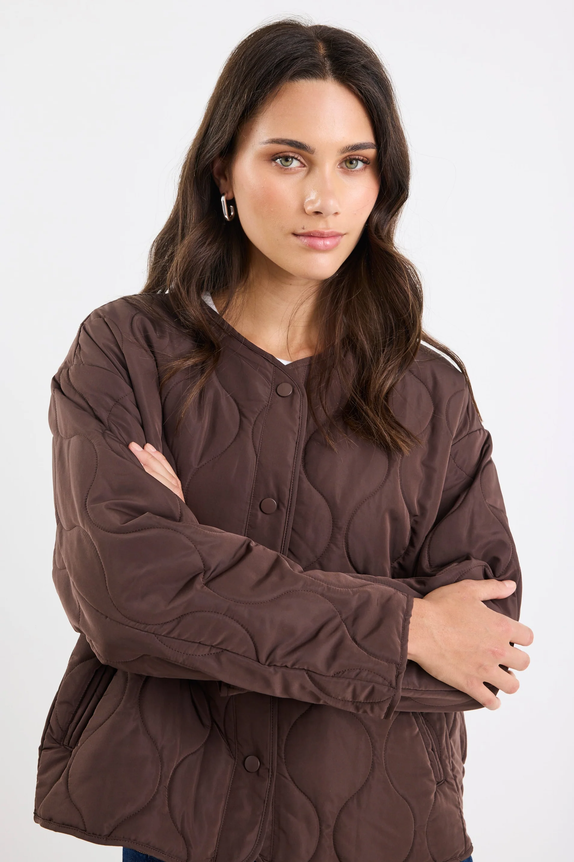 Apex Chocolate Collarless Quilted Puffer Jacket - Image 8