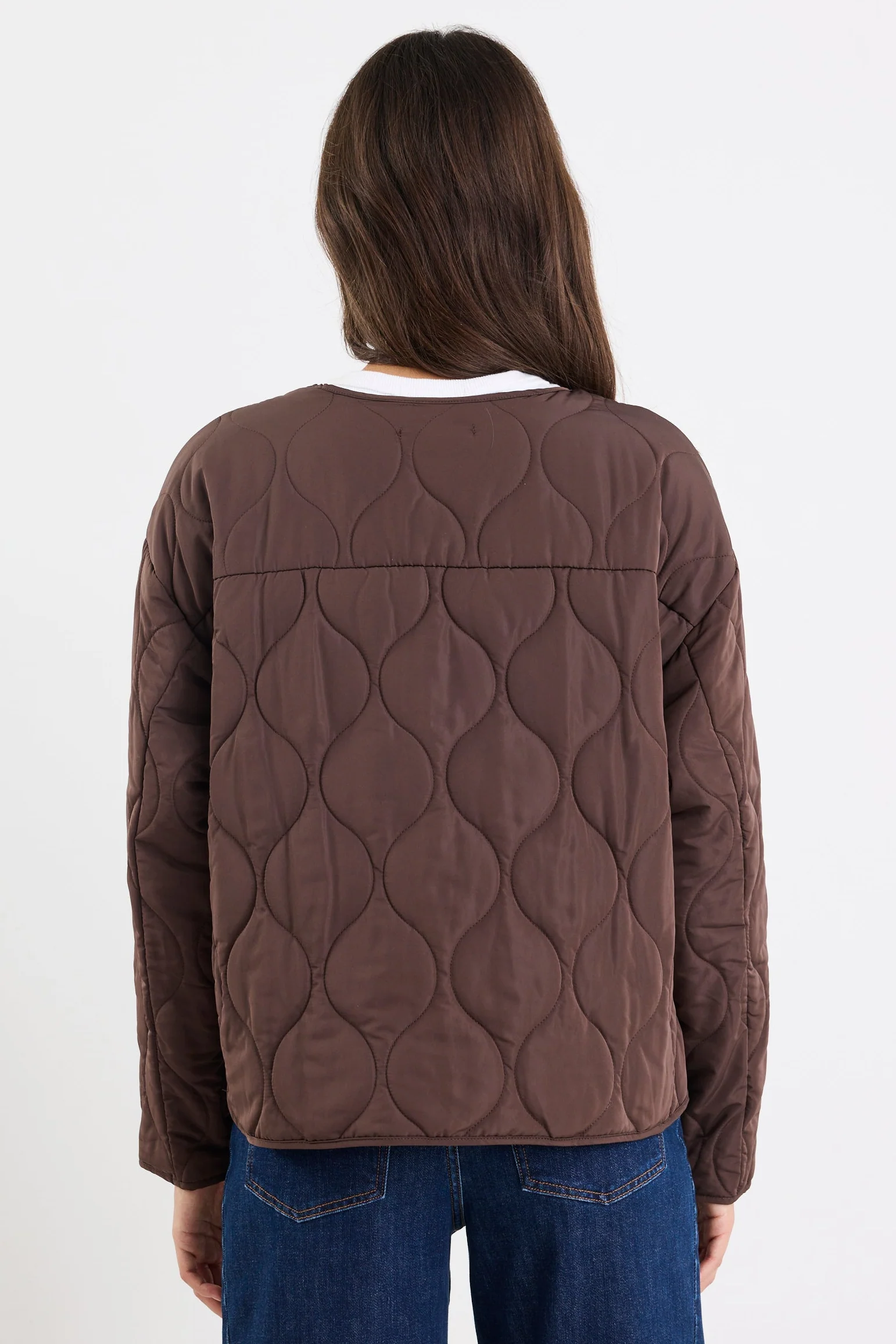 Apex Chocolate Collarless Quilted Puffer Jacket - Image 9
