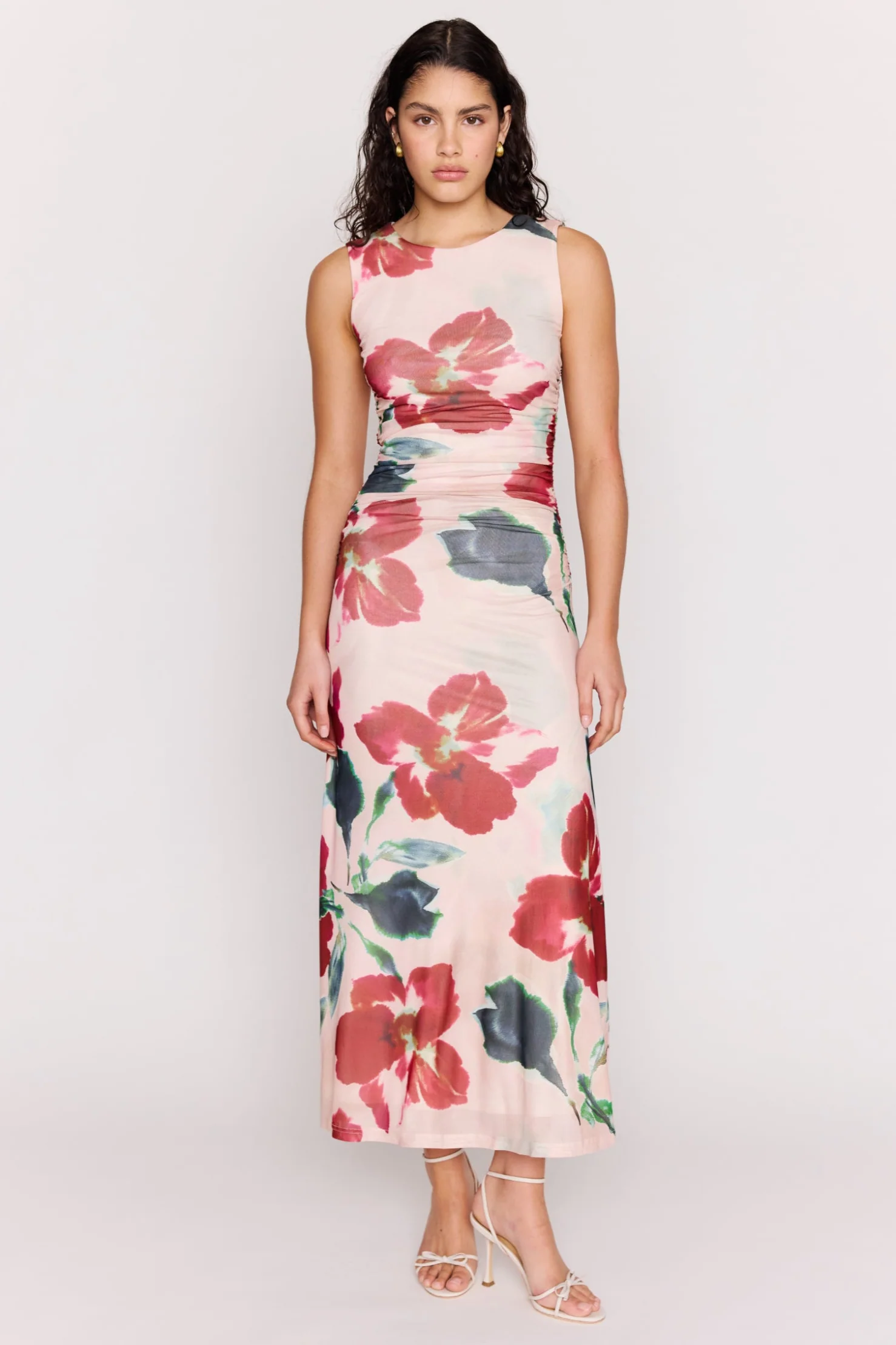 Arabella Red Floral Mesh Sleeveless Midi Dress - Image 3