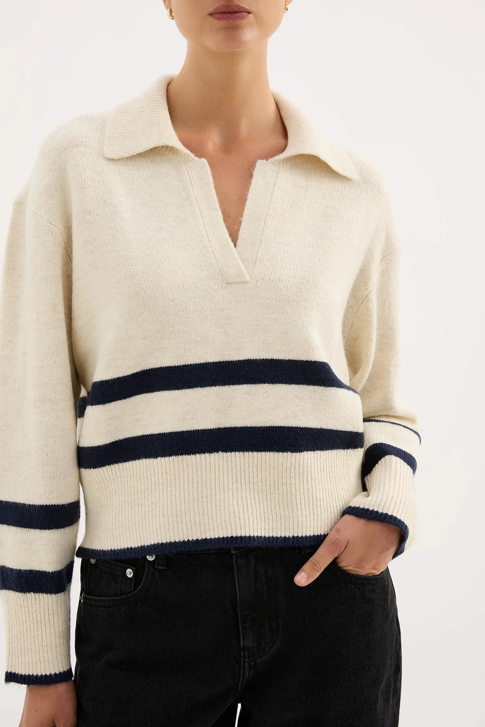 Archer Cream Stripe Collared Rugby Knit - Image 2