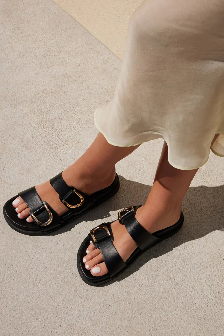 Areli Black Gold Double Buckle Slide