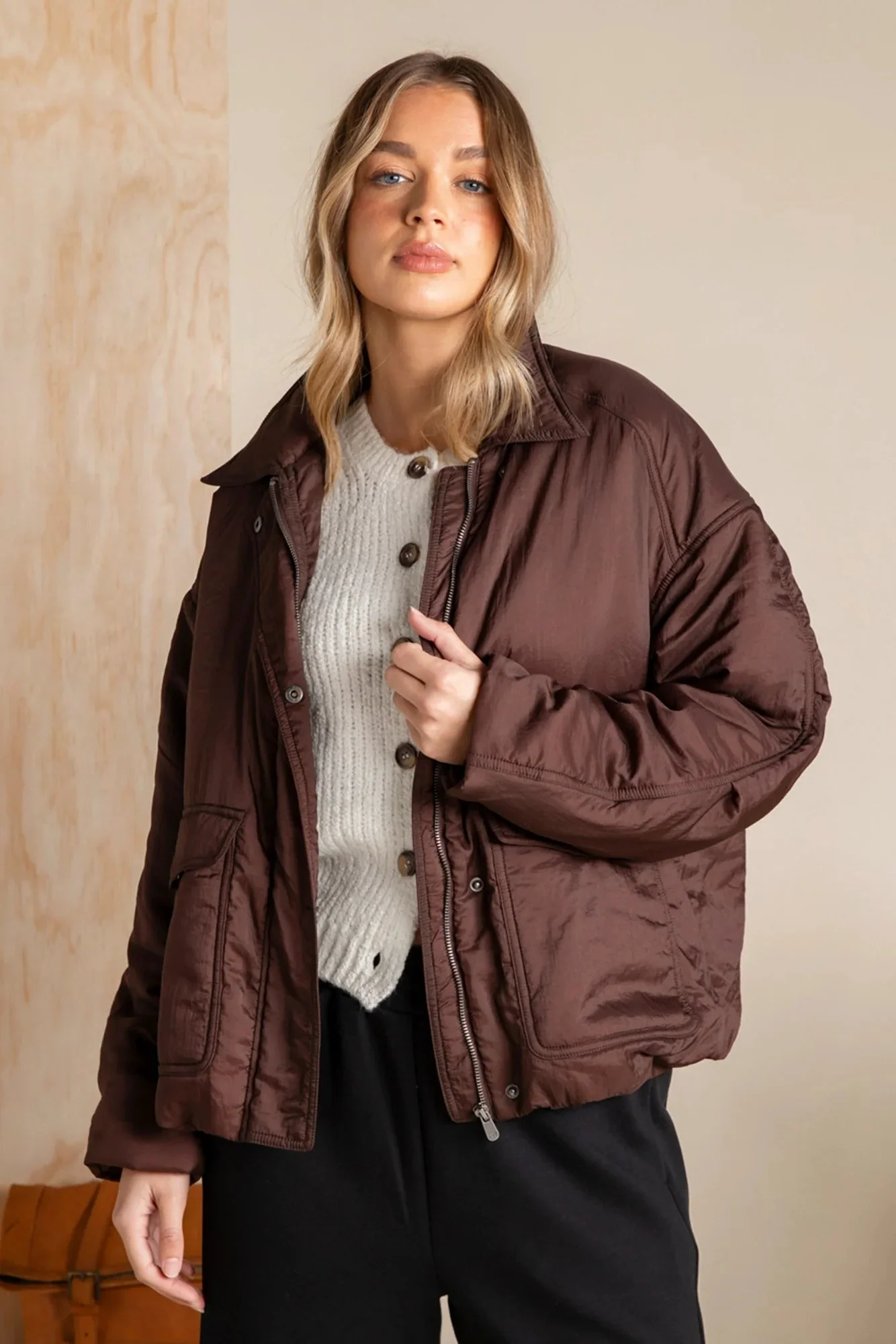 Banff Chocolate Nylon Woven Puffer Jacket