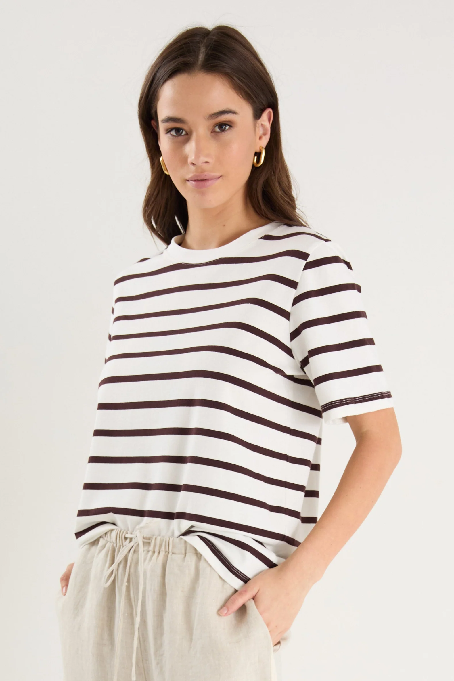 Binding Chocolate White Stripe Boxy Fit Tee