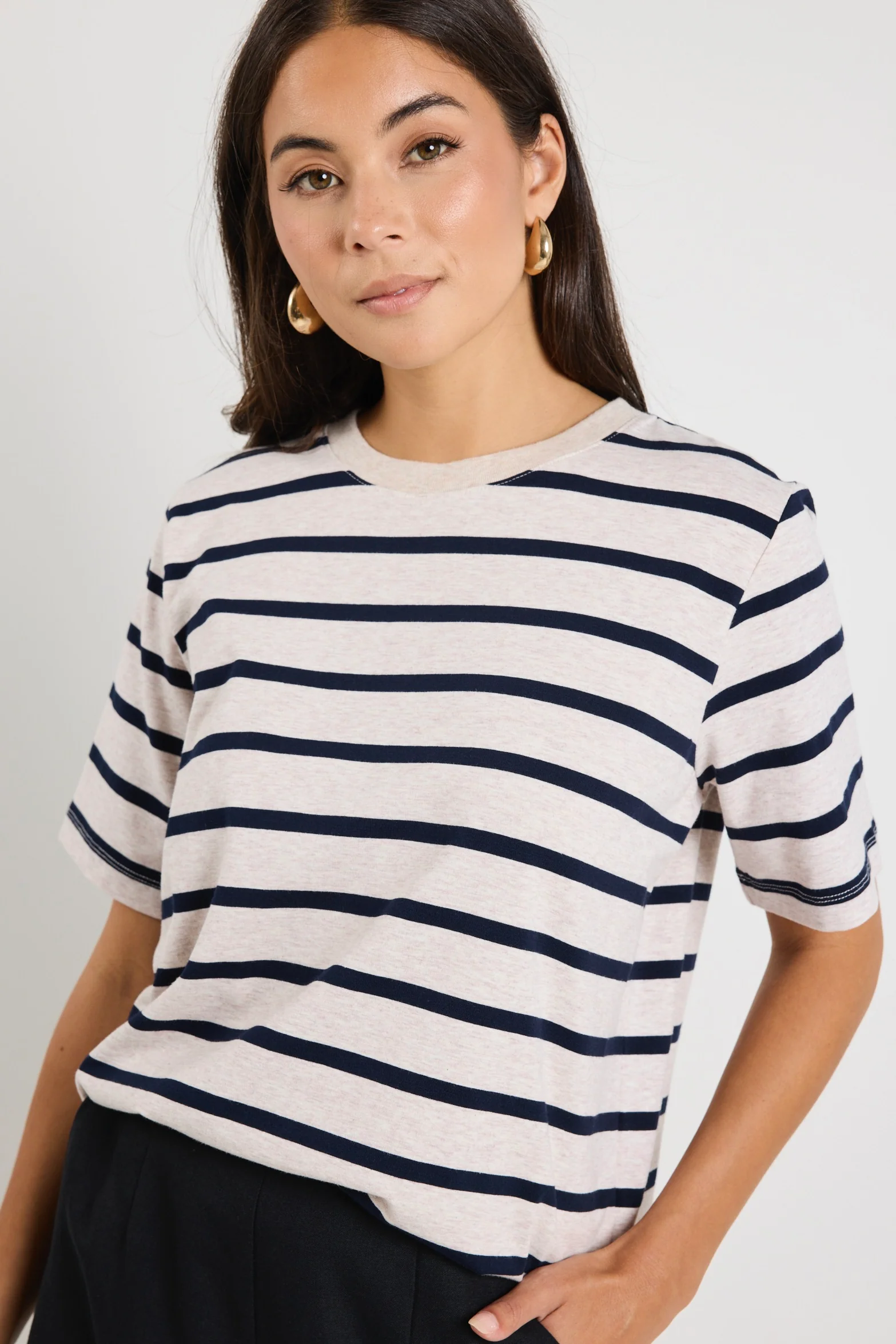 Binding Ecru Navy Stripe Boxy Fit Tee