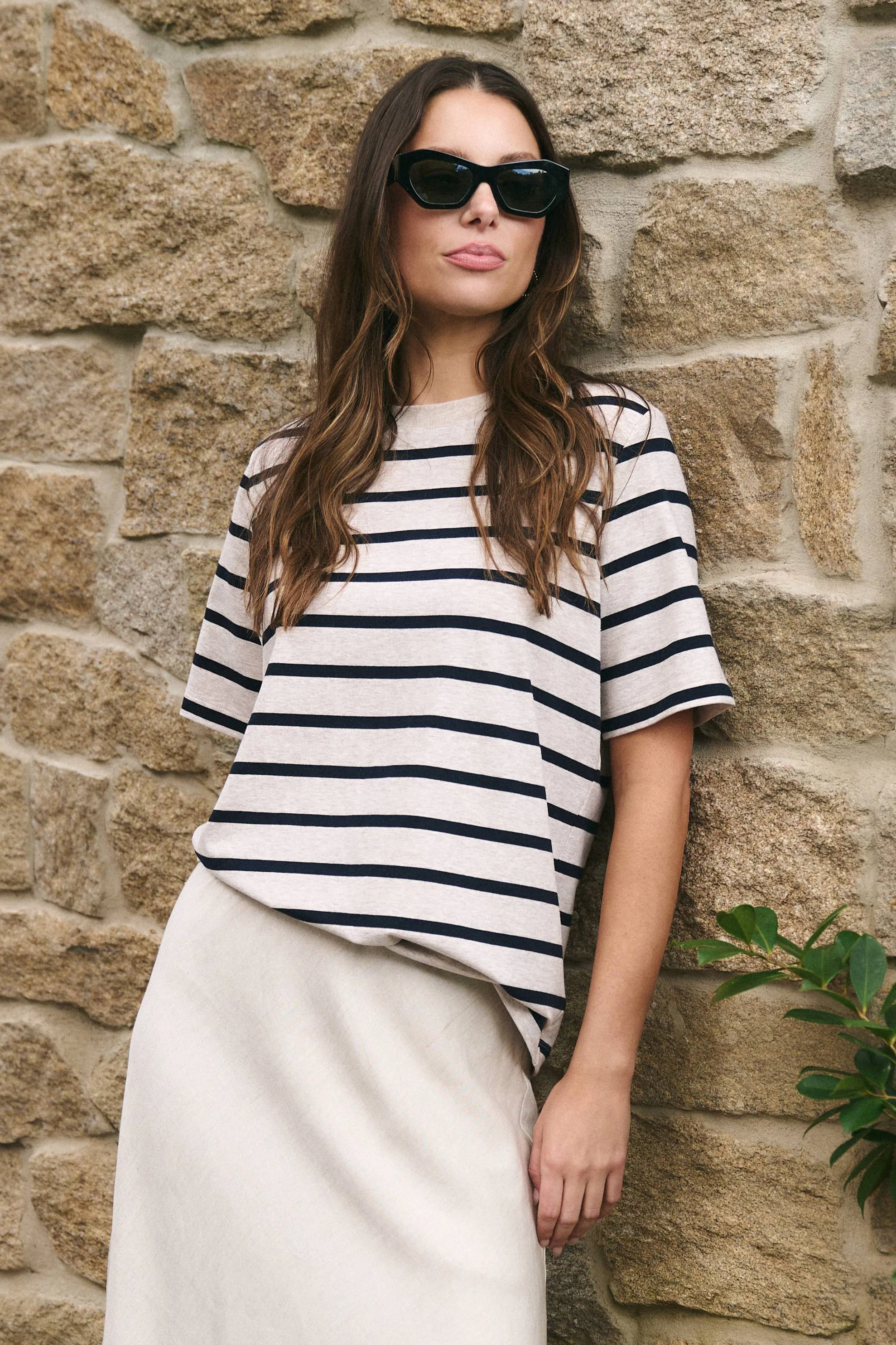 Binding Ecru Navy Stripe Boxy Fit Tee - Image 2