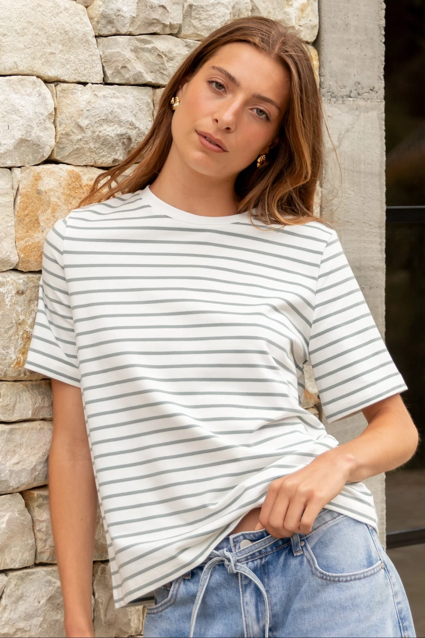 Binding Khaki White Stripe Boxy Fit Tee