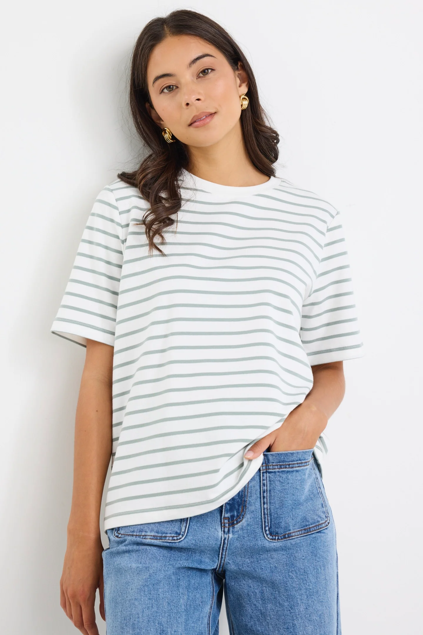 Binding Khaki White Stripe Boxy Fit Tee - Image 2