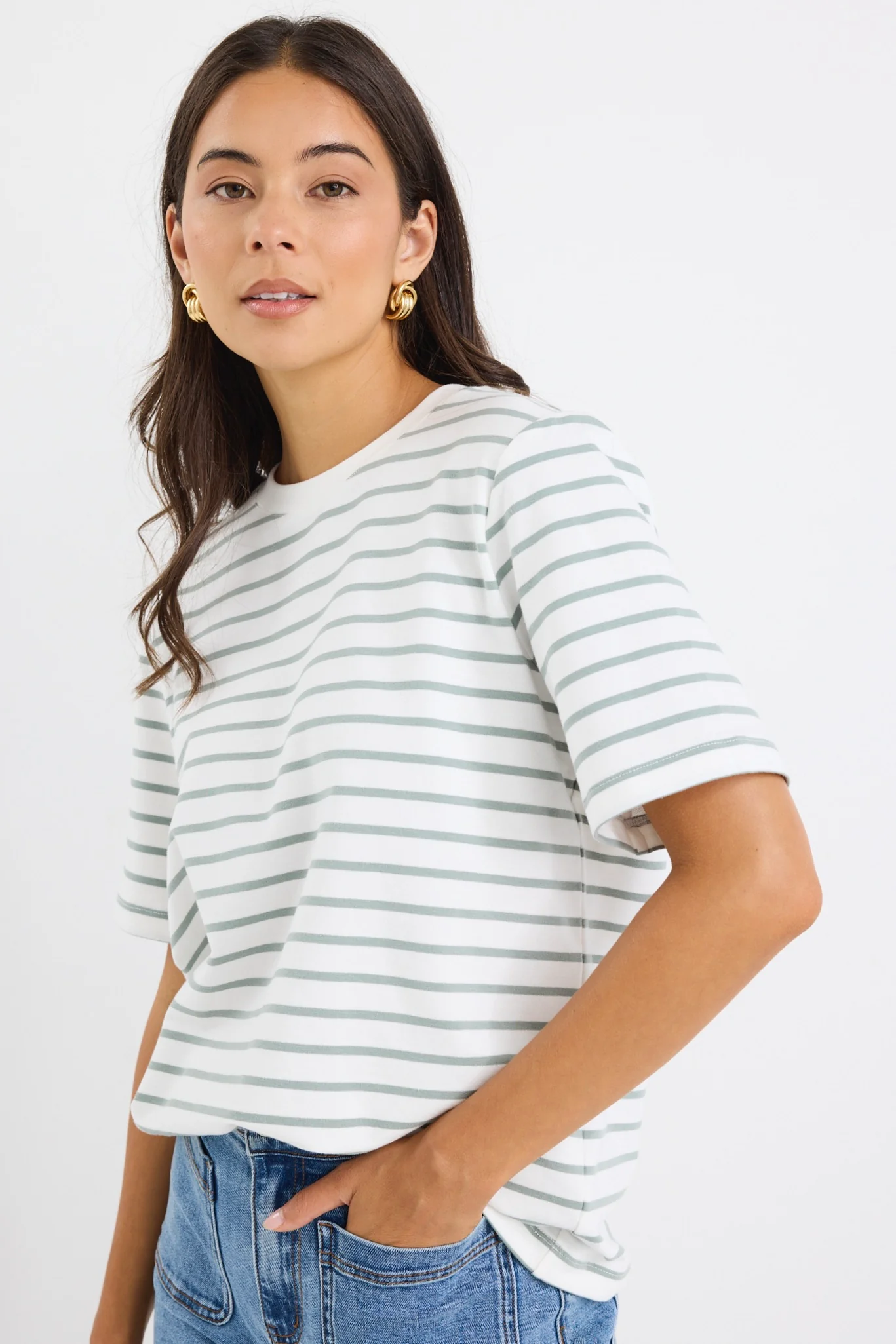 Binding Khaki White Stripe Boxy Fit Tee - Image 3