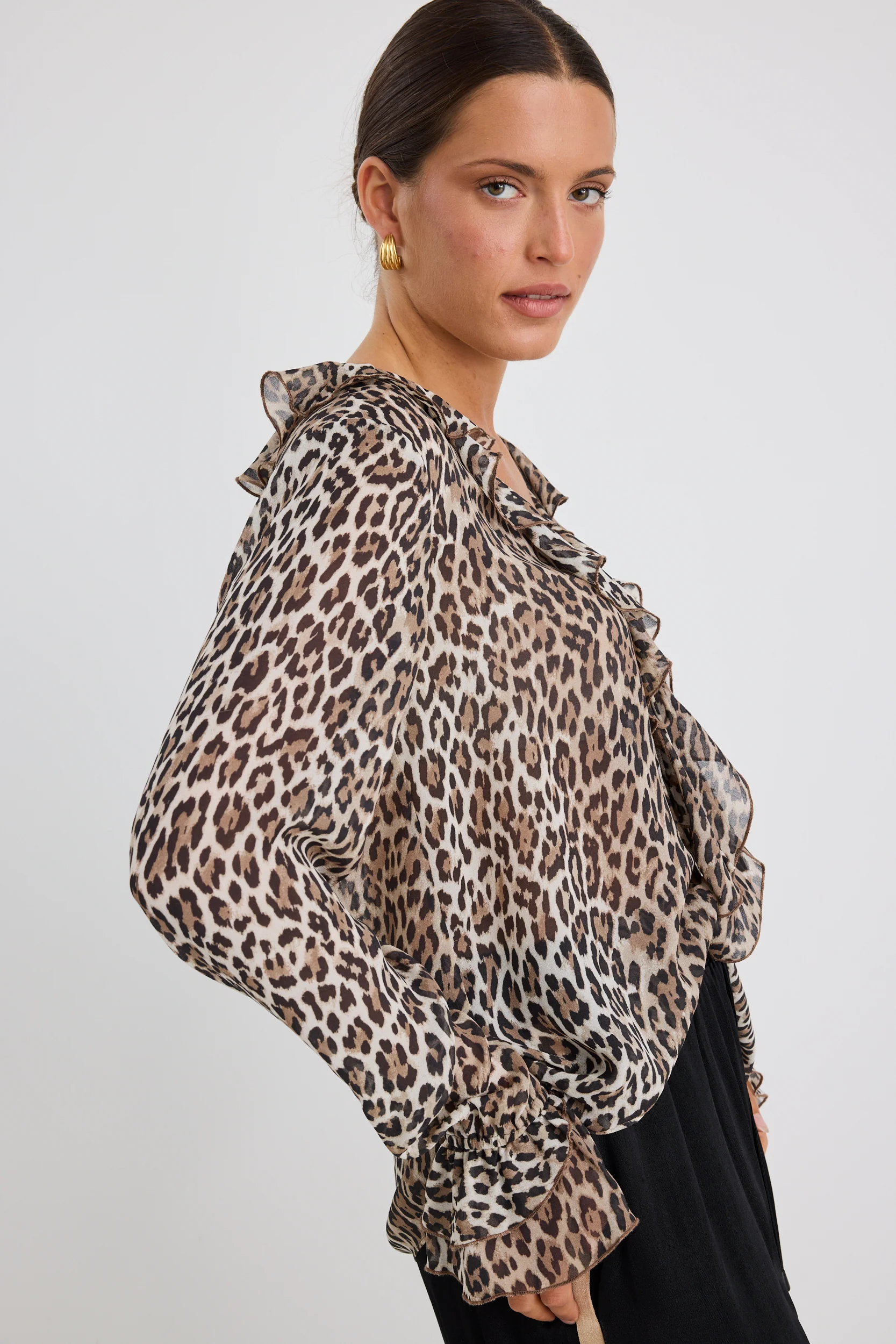 Bohemian Leopard Georgette LS Frill Front Top - Image 2