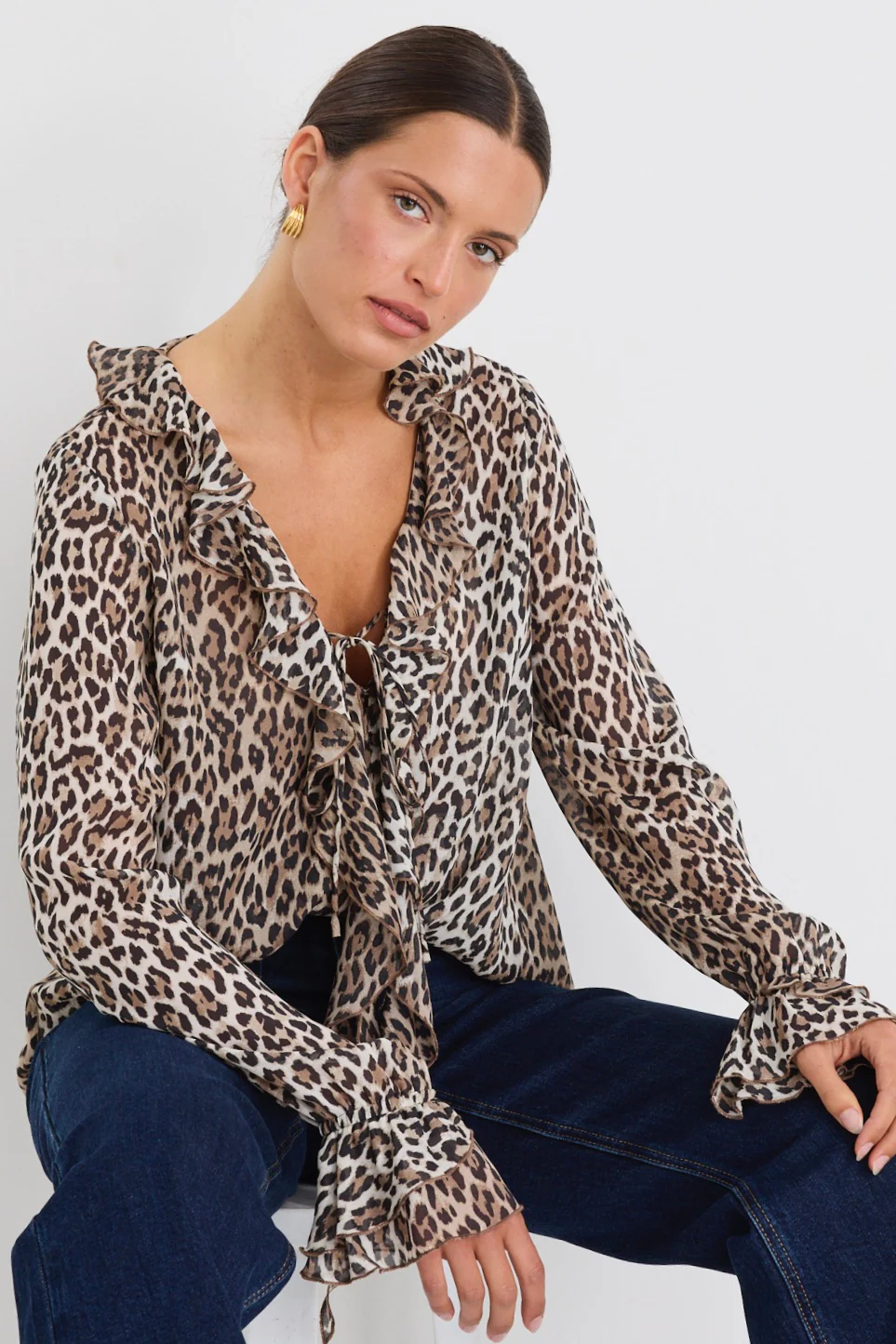 Bohemian Leopard Georgette LS Frill Front Top - Image 5