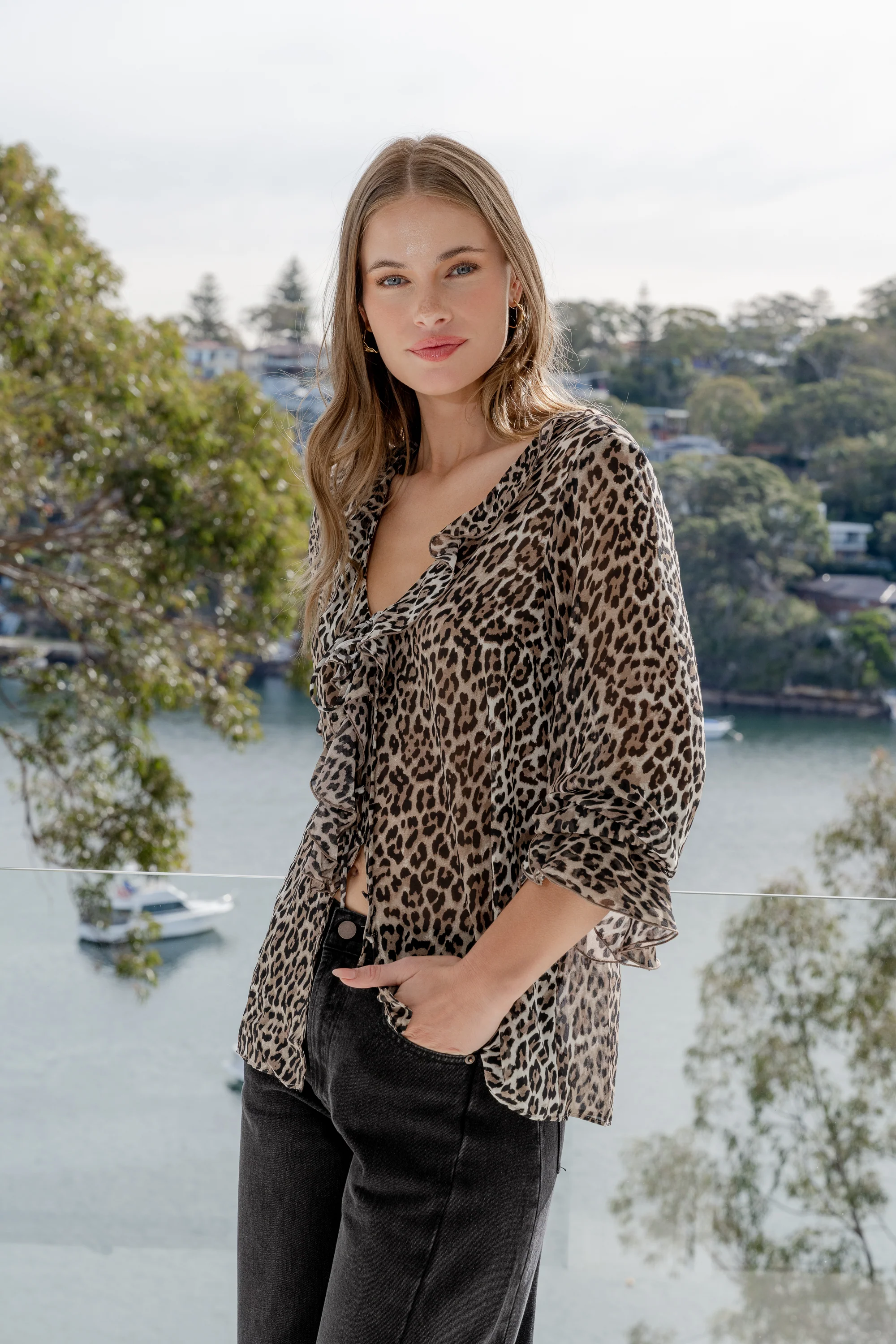 Bohemian Leopard Georgette LS Frill Front Top - Image 6