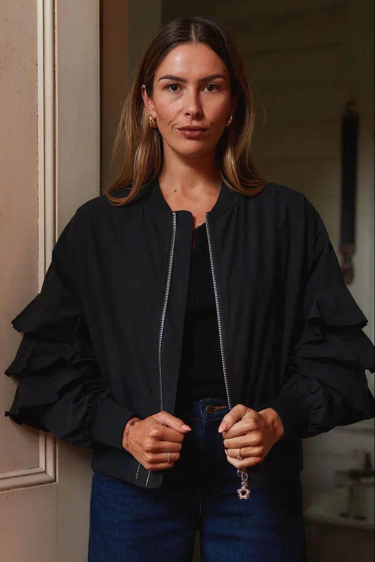 Casette Black Frill Sleeve Bomber Jacket - Image 2