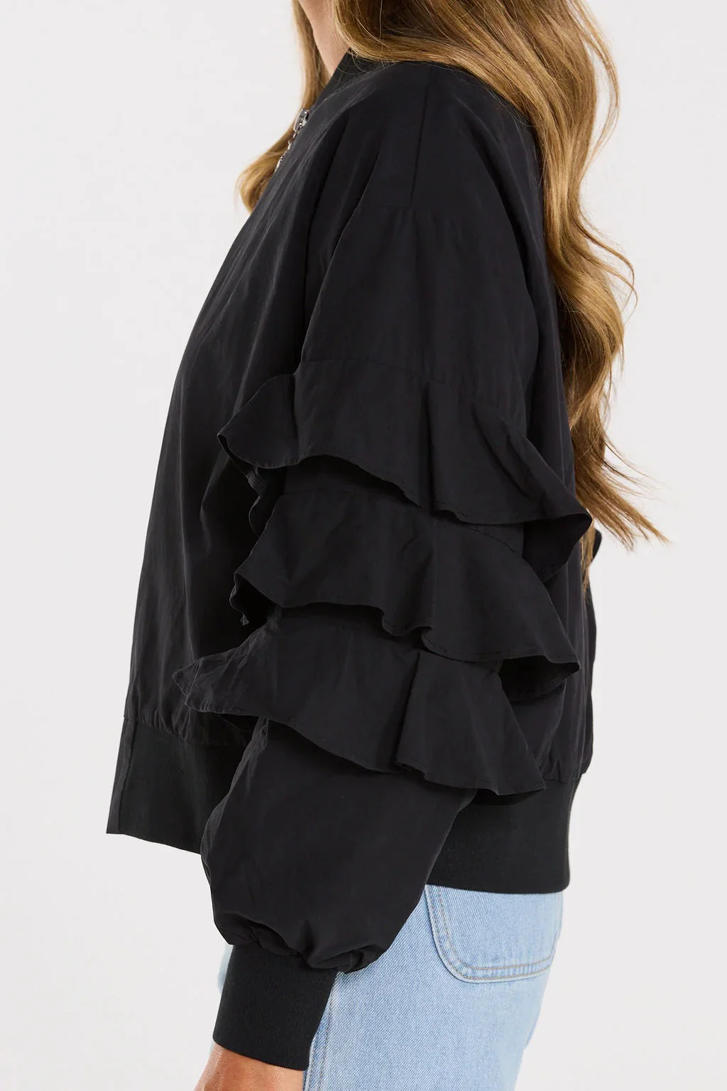 Casette Black Frill Sleeve Bomber Jacket - Image 3