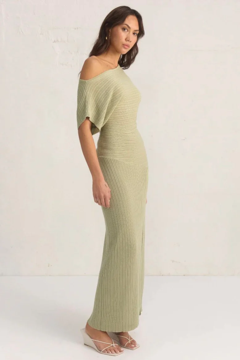 Celeste Sage Off Shoulder SS Knit Maxi Dress - Image 3