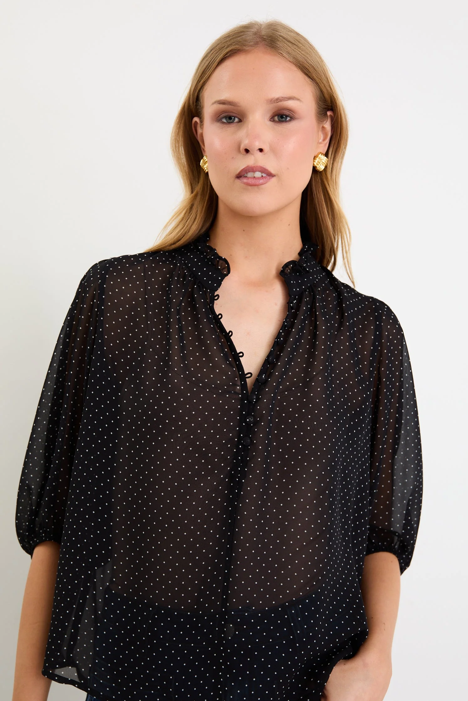Closure Black Mini Polka Dot High Neck Buttoned SS Top - Image 3