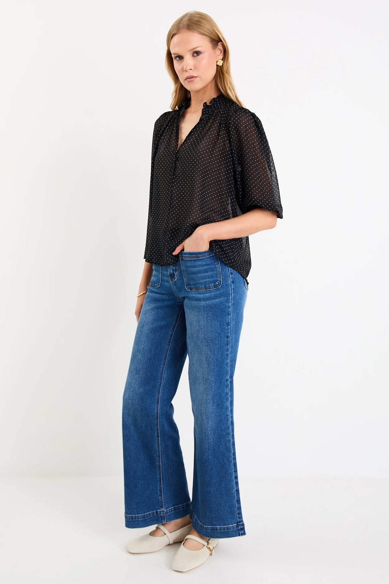 Closure Black Mini Polka Dot High Neck Buttoned SS Top - Image 4