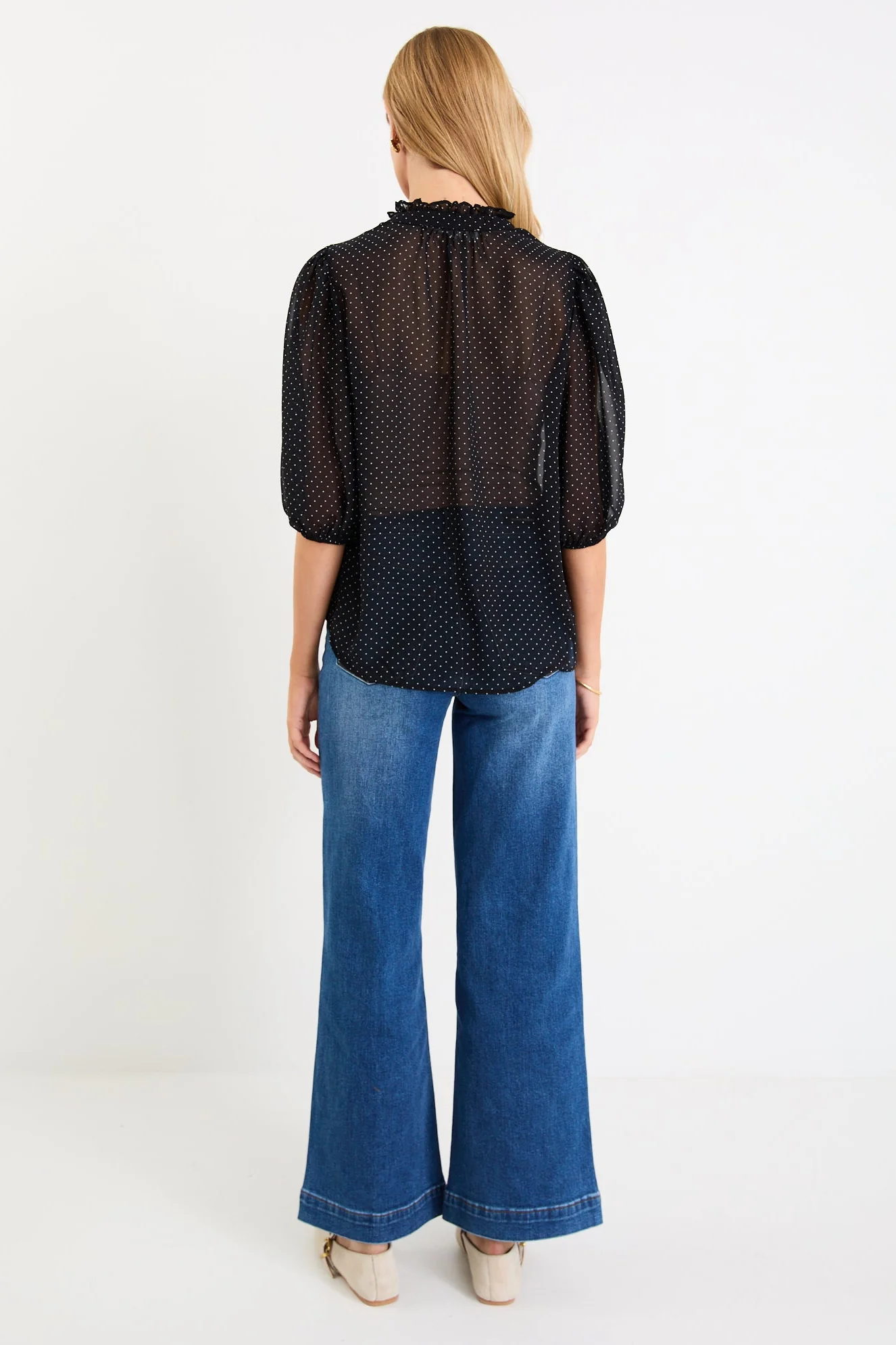 Closure Black Mini Polka Dot High Neck Buttoned SS Top - Image 5