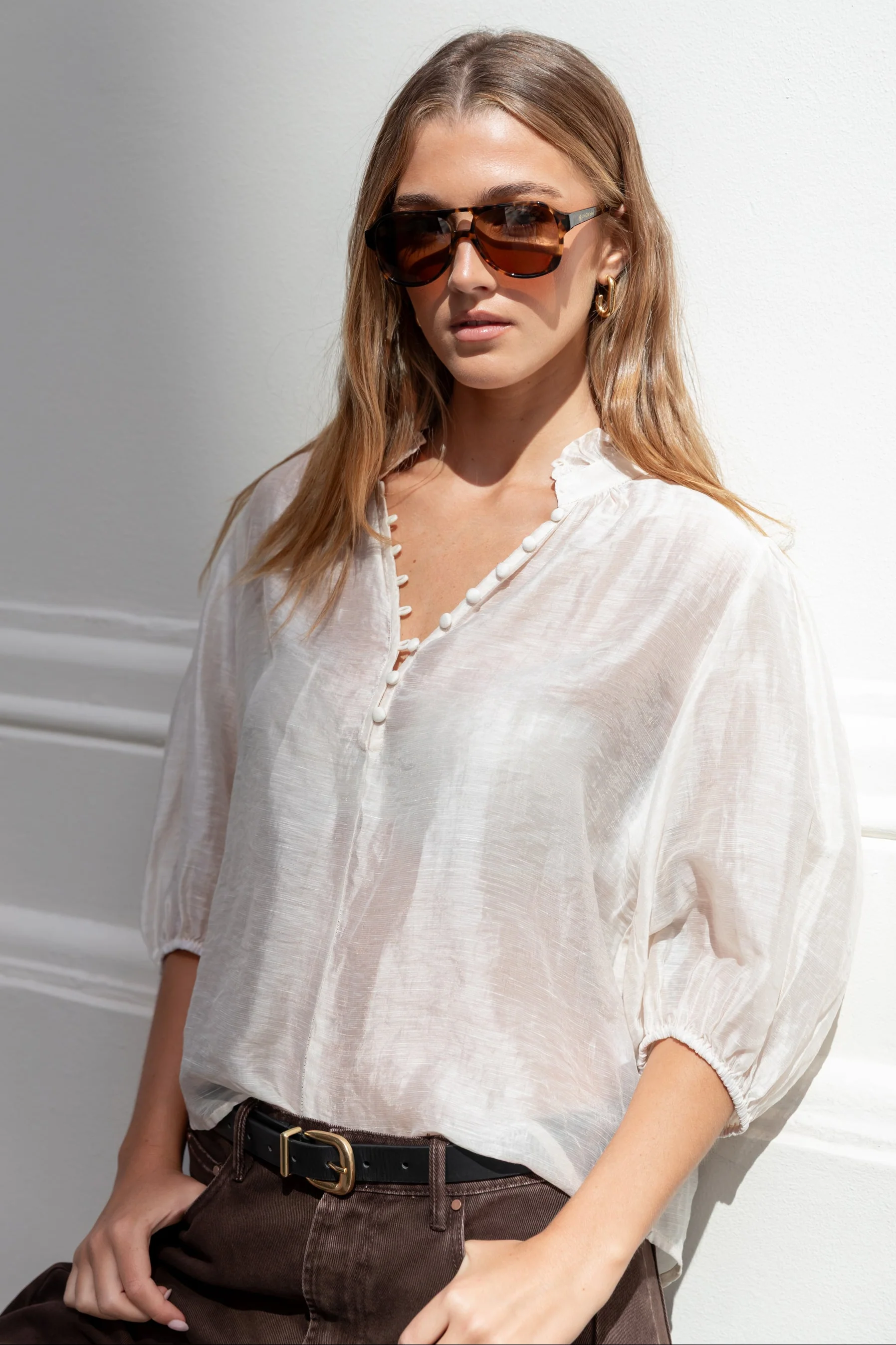 Closure Ivory Sheer High Neck Buttoned SS Top