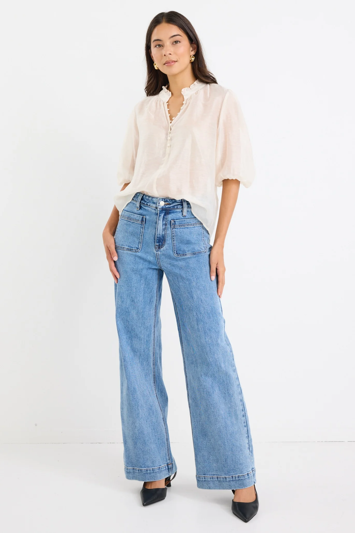 Closure Ivory Sheer High Neck Buttoned SS Top - Image 3