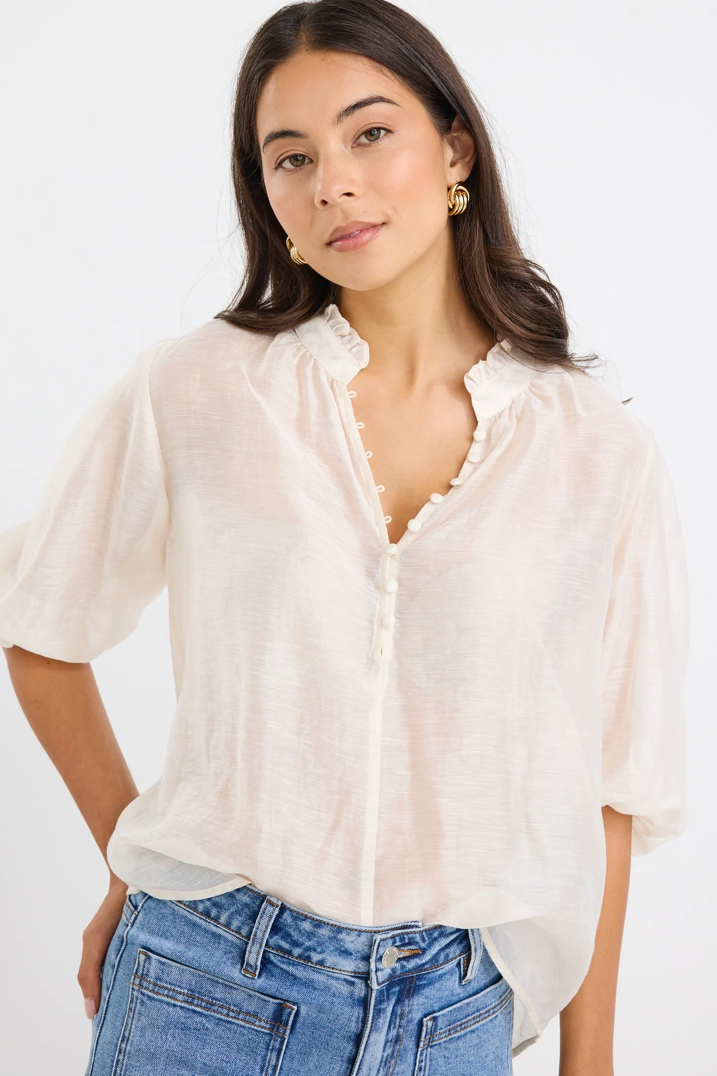 Closure Ivory Sheer High Neck Buttoned SS Top - Image 4