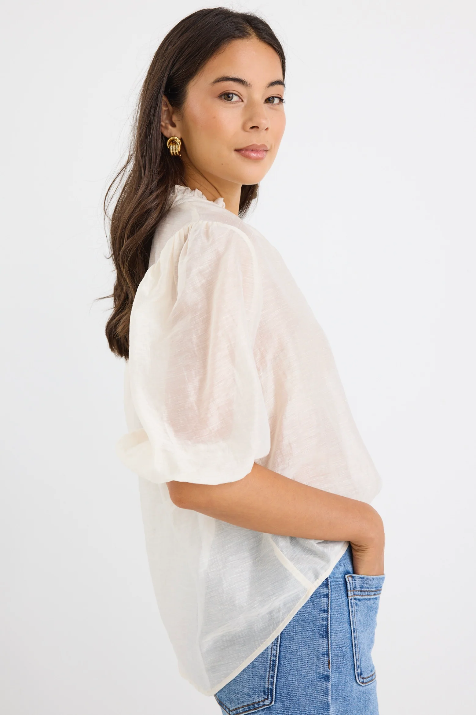 Closure Ivory Sheer High Neck Buttoned SS Top - Image 5