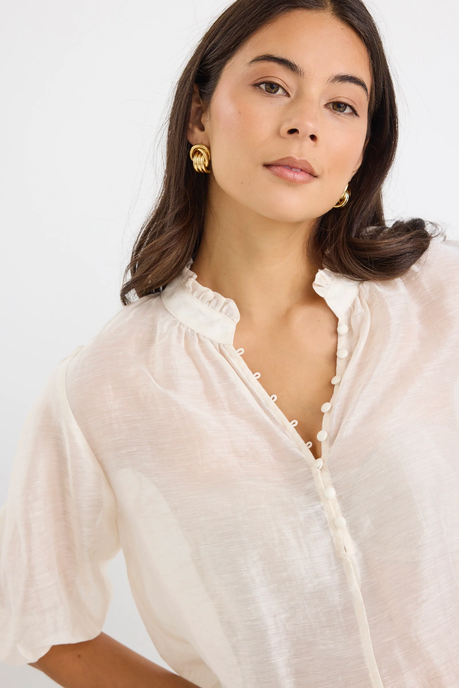 Closure Ivory Sheer High Neck Buttoned SS Top - Image 6