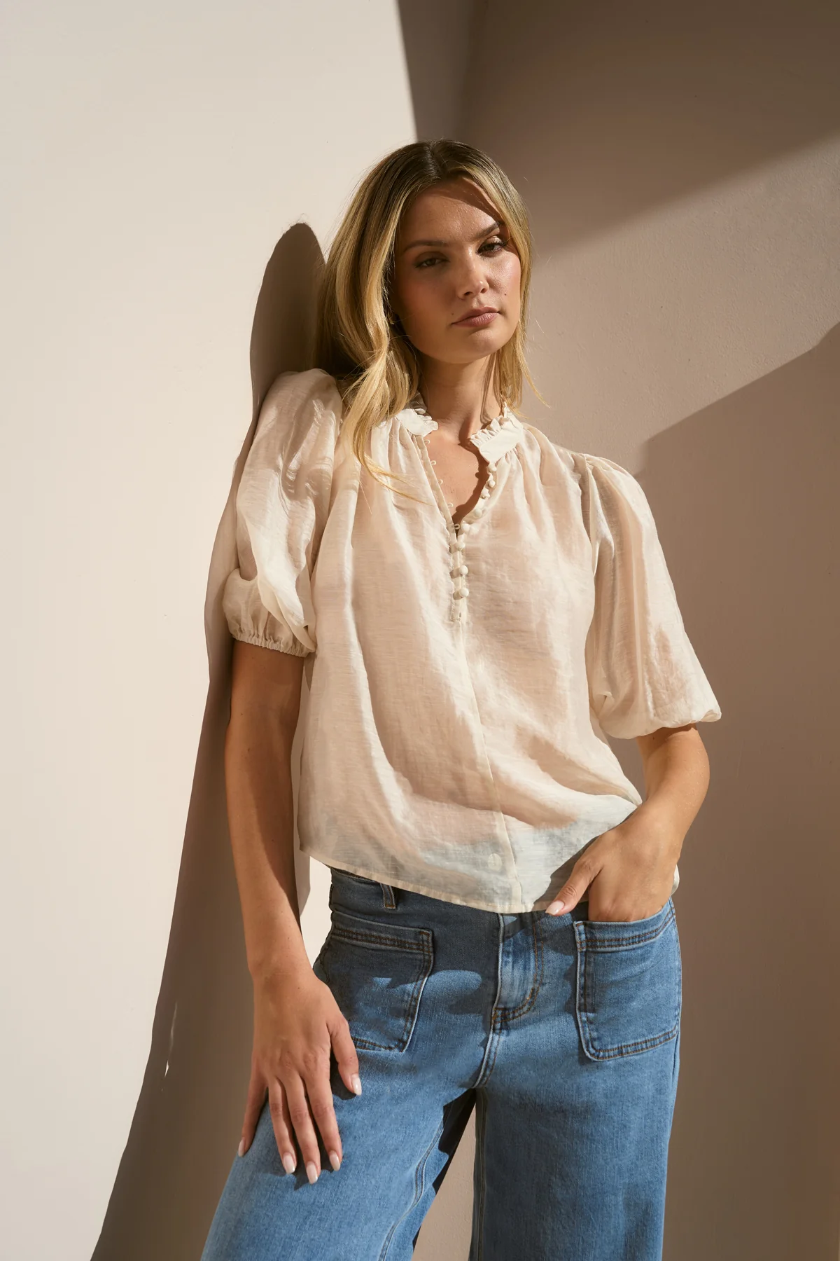 Closure Ivory Sheer High Neck Buttoned SS Top - Image 9