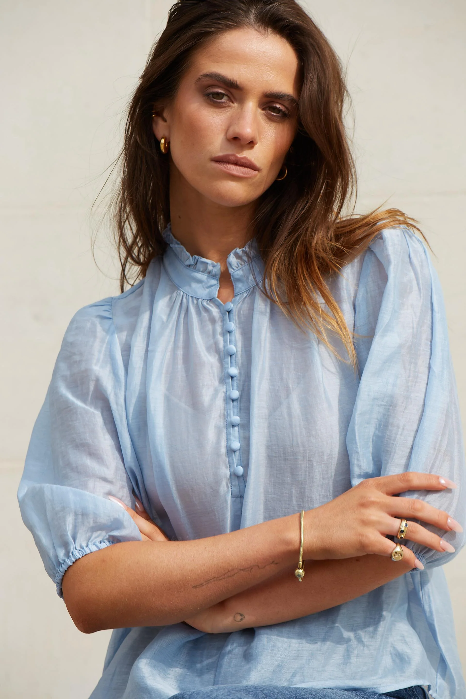 Closure Pale Blue Sheer High Neck Buttoned SS Top - Image 4