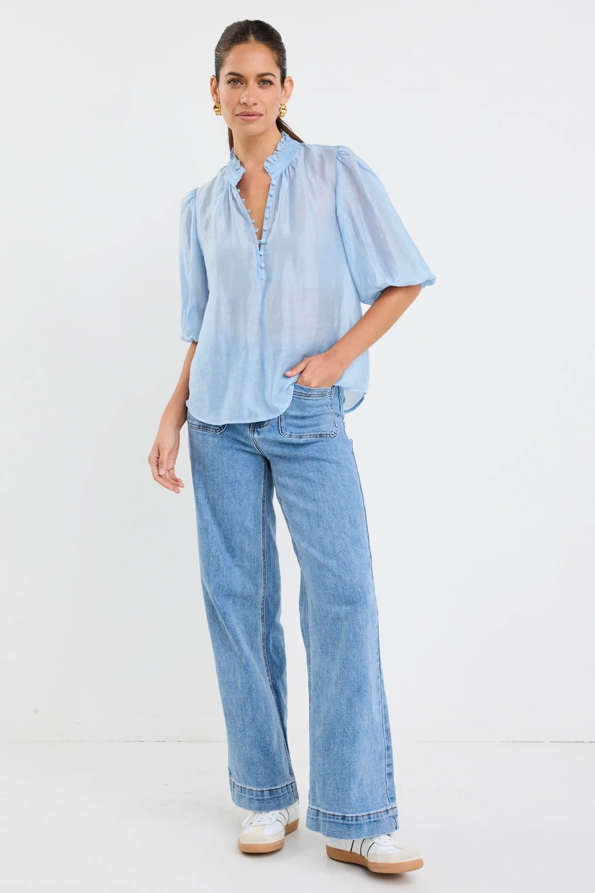 Closure Pale Blue Sheer High Neck Buttoned SS Top - Image 5