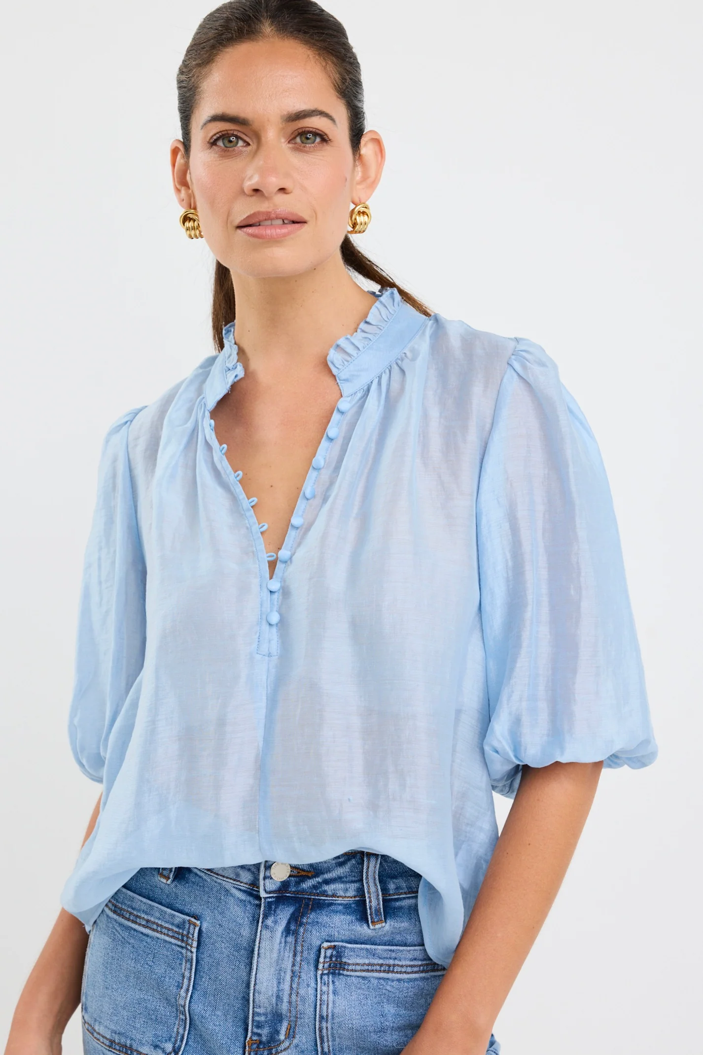 Closure Pale Blue Sheer High Neck Buttoned SS Top - Image 6