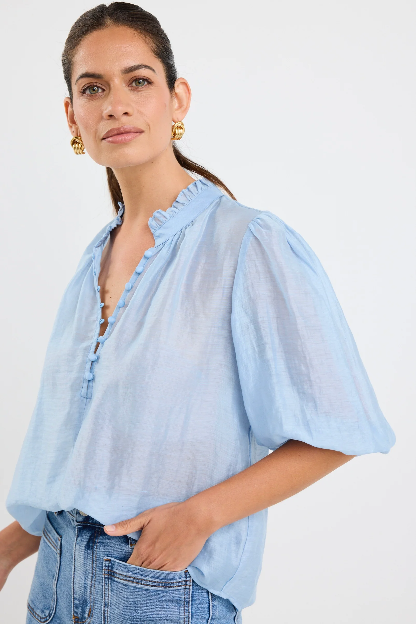 Closure Pale Blue Sheer High Neck Buttoned SS Top - Image 7