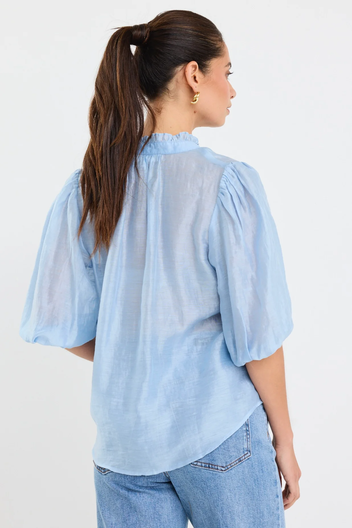 Closure Pale Blue Sheer High Neck Buttoned SS Top - Image 8
