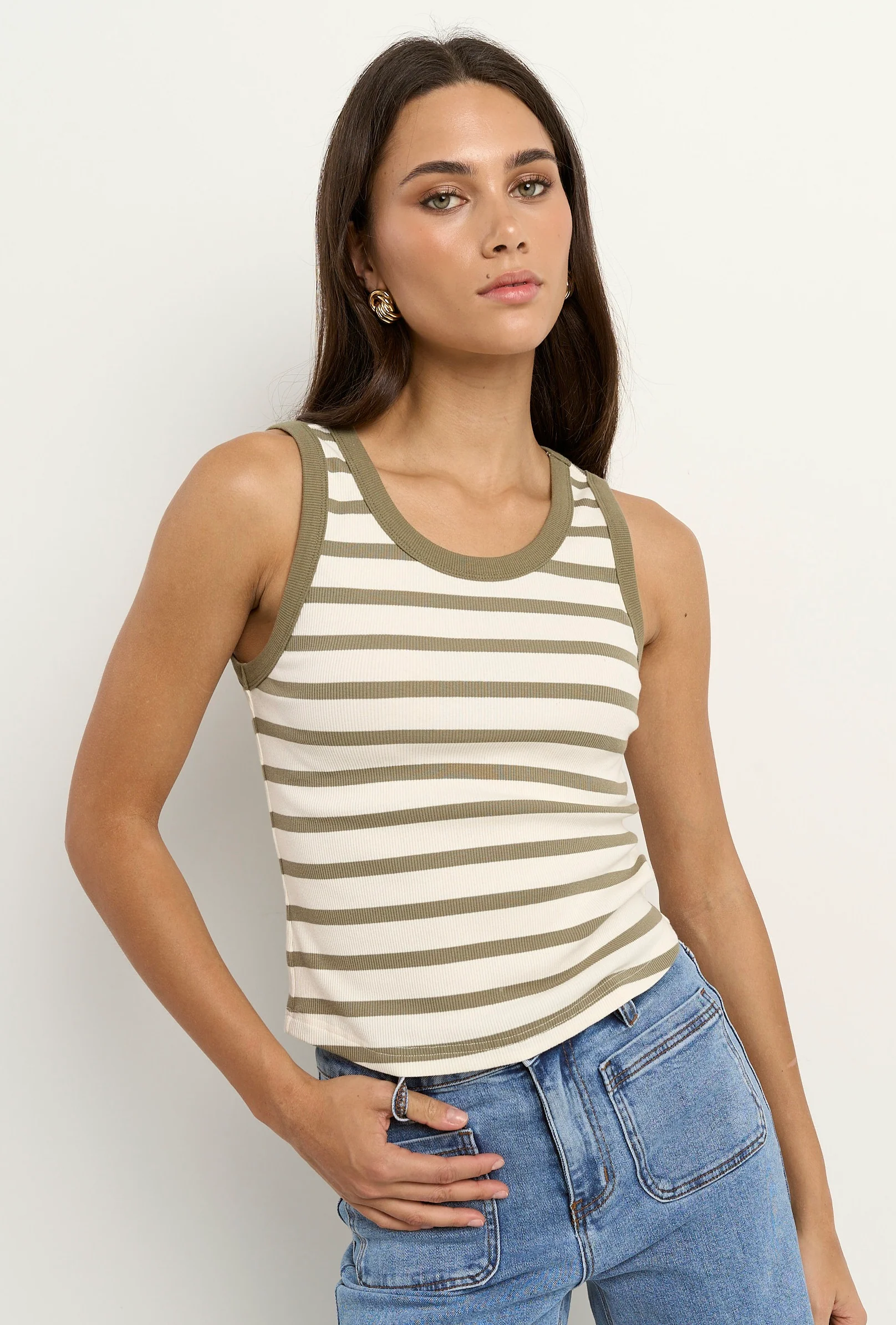Cobble Khaki Ivory Stripe Rib Cutaway Tank - Image 4
