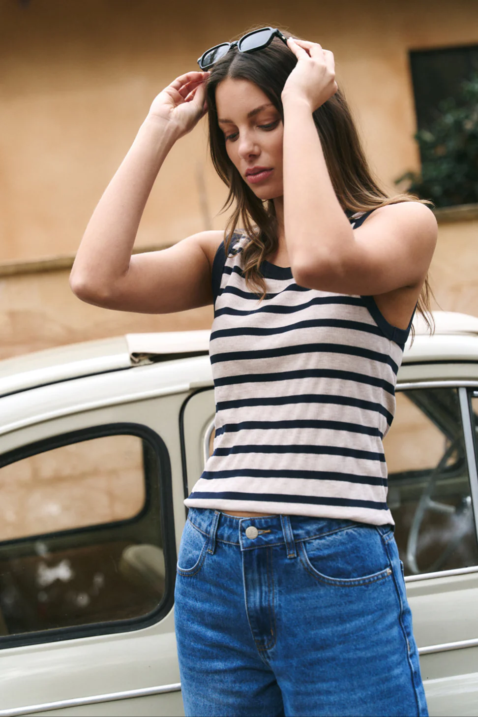 Cobble Navy Ecru Stripe Rib Cutaway Tank - Image 2
