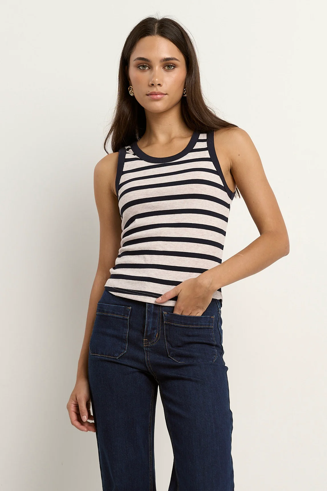 Cobble Navy Ecru Stripe Rib Cutaway Tank - Image 3