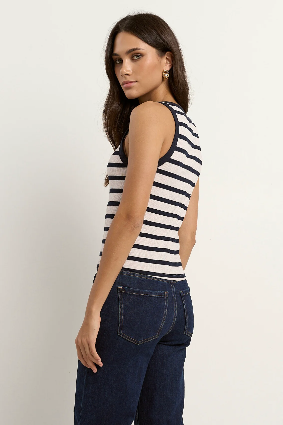 Cobble Navy Ecru Stripe Rib Cutaway Tank - Image 4
