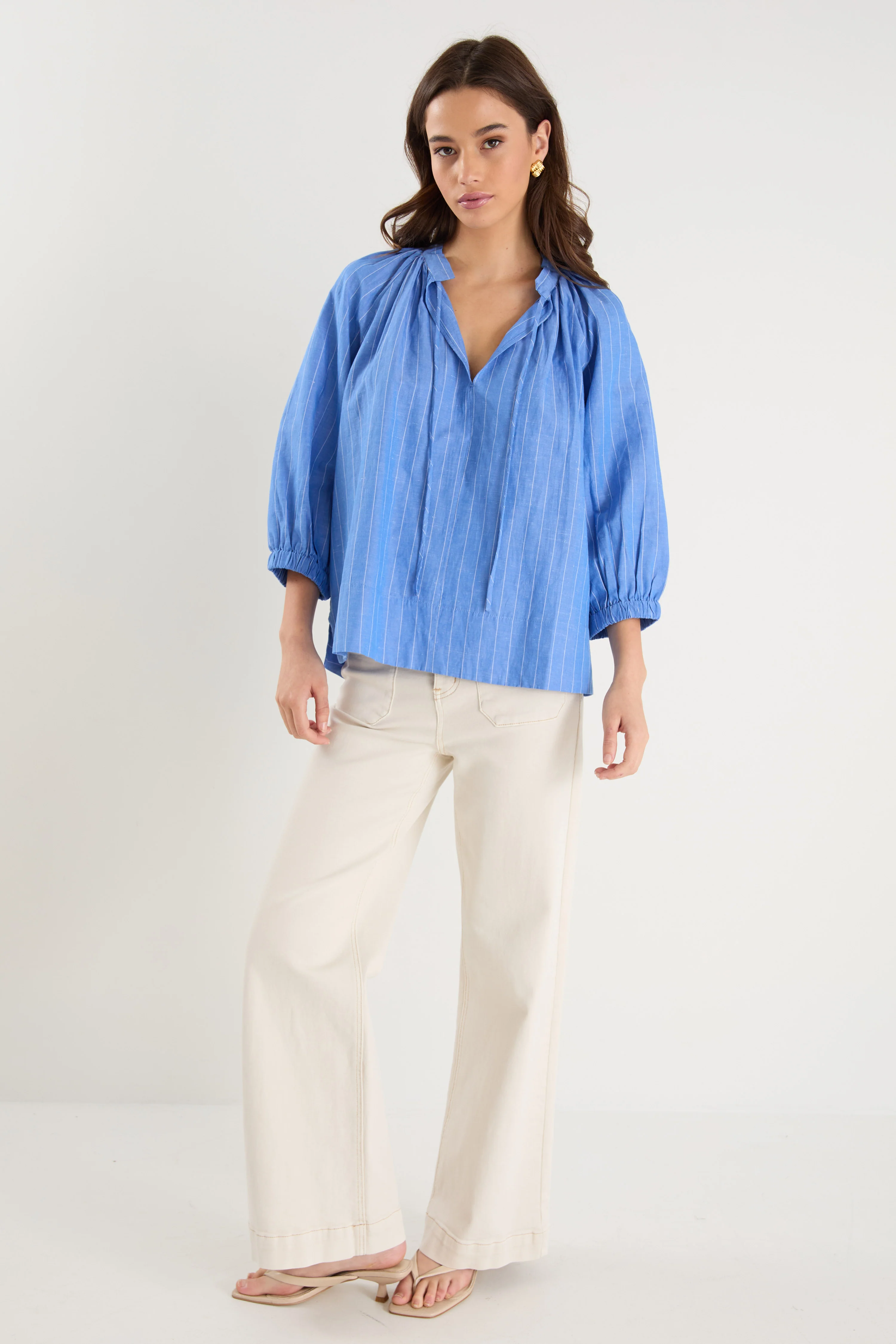 Compliment French Blue Stripe Blouson Mid Sleeve Top - Image 2
