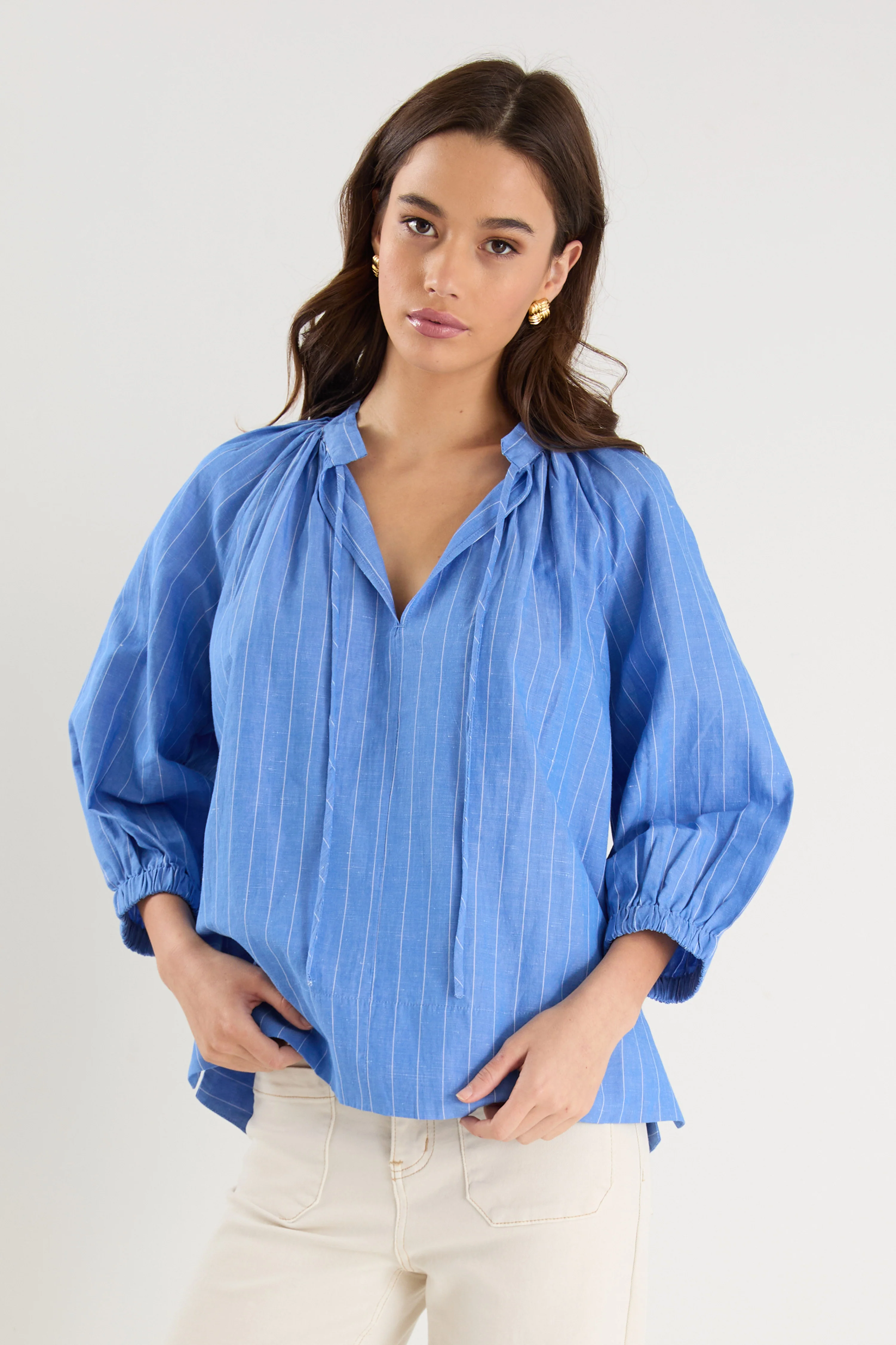 Compliment French Blue Stripe Blouson Mid Sleeve Top - Image 3