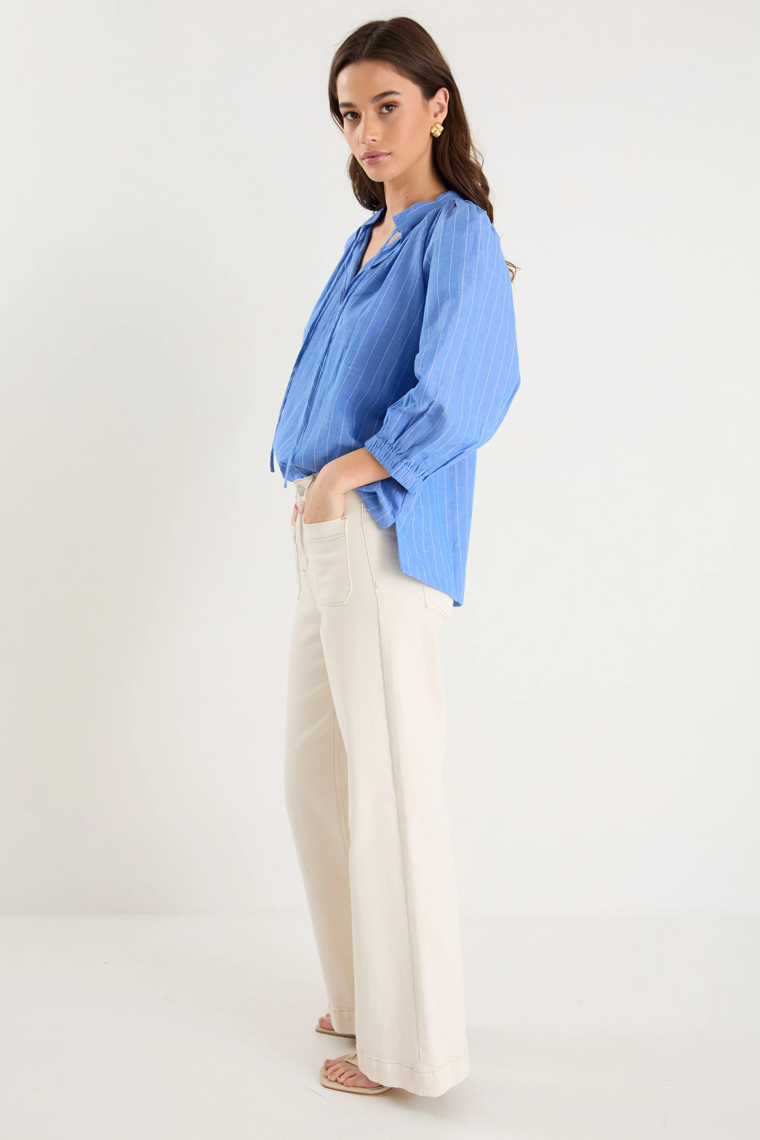 Compliment French Blue Stripe Blouson Mid Sleeve Top - Image 4