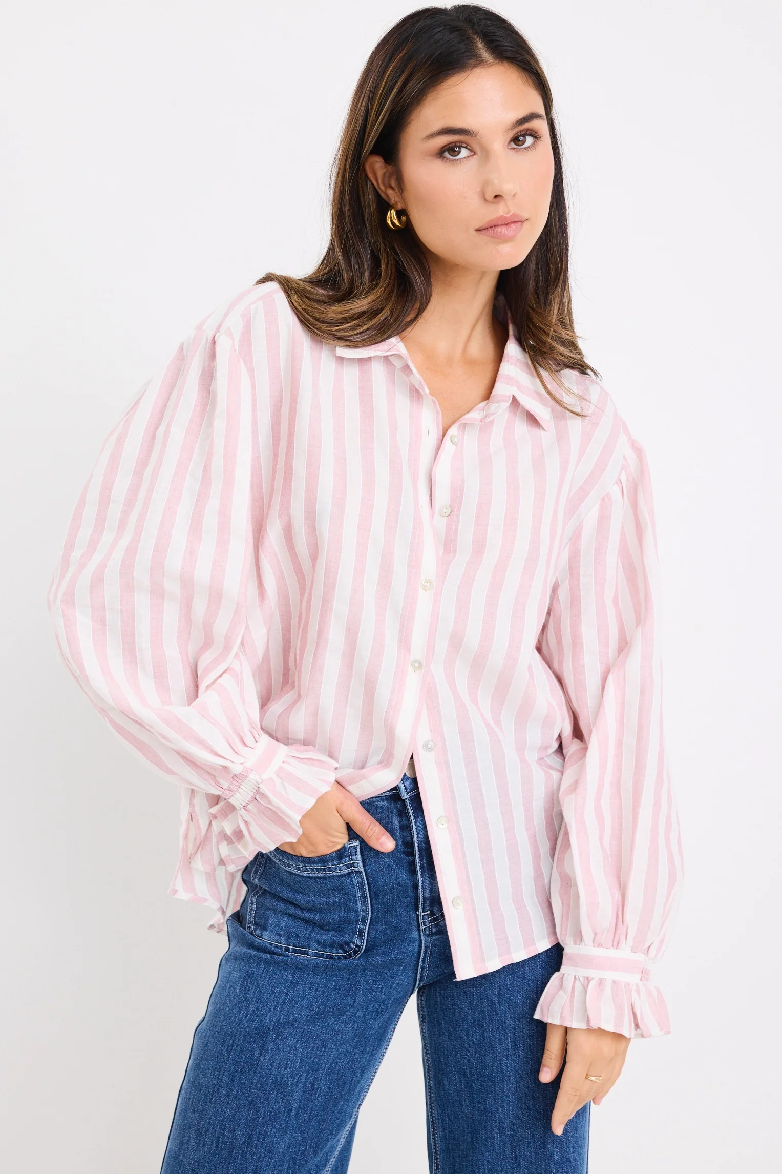Connection Pink Stripe Button Front Blouse - Image 5