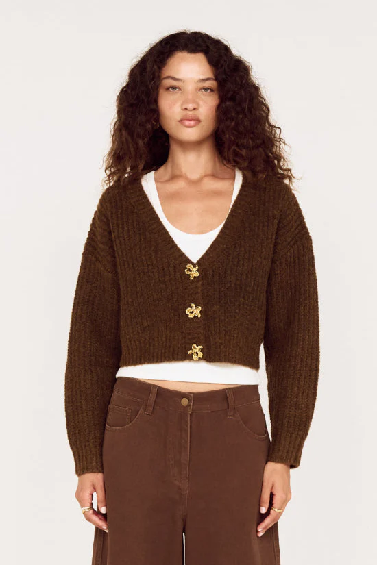 Cyra Chocolate Gold Feature Button Crop Cardi