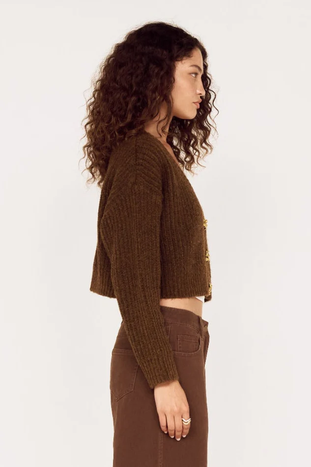 Cyra Chocolate Gold Feature Button Crop Cardi - Image 3